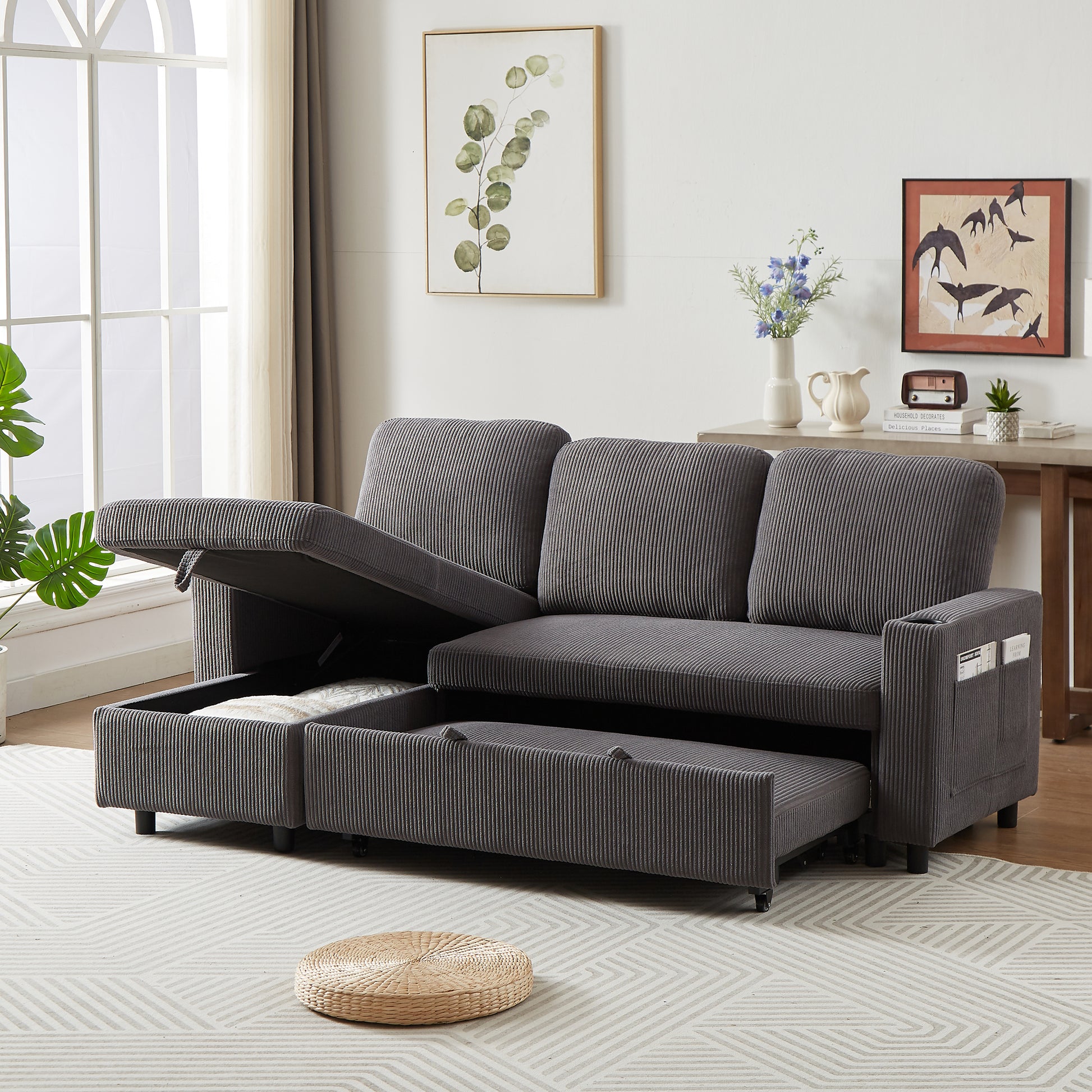 Fx78.7" Comfortable Corduroy L Shaped Combo Sofa Bed, Living Room Furniture Set For Tight Spaces, Reversible Sleeper Combo Sofa With Pullout Bed, Reversible Sofa Bed For Living Room,W1926S00011 Grey Wood Primary Living Space Foam Corduroy 3 Seat