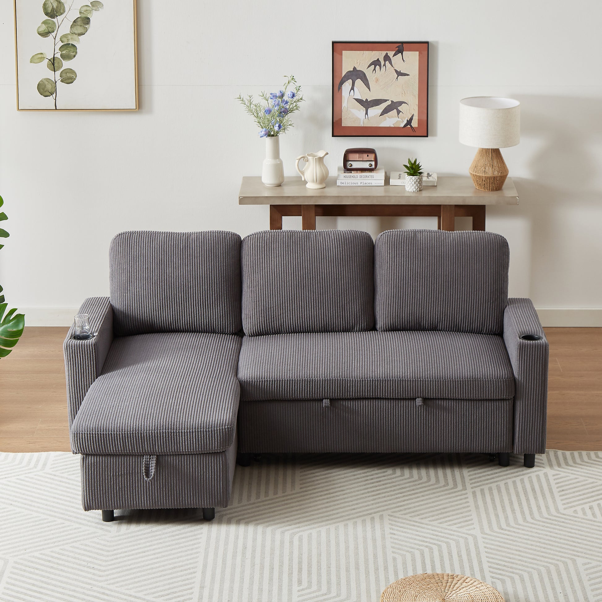 Fx78.7" Comfortable Corduroy L Shaped Combo Sofa Bed, Living Room Furniture Set For Tight Spaces, Reversible Sleeper Combo Sofa With Pullout Bed, Reversible Sofa Bed For Living Room, Office, Apartment Grey Wood Primary Living Space Foam Corduroy 3 Seat