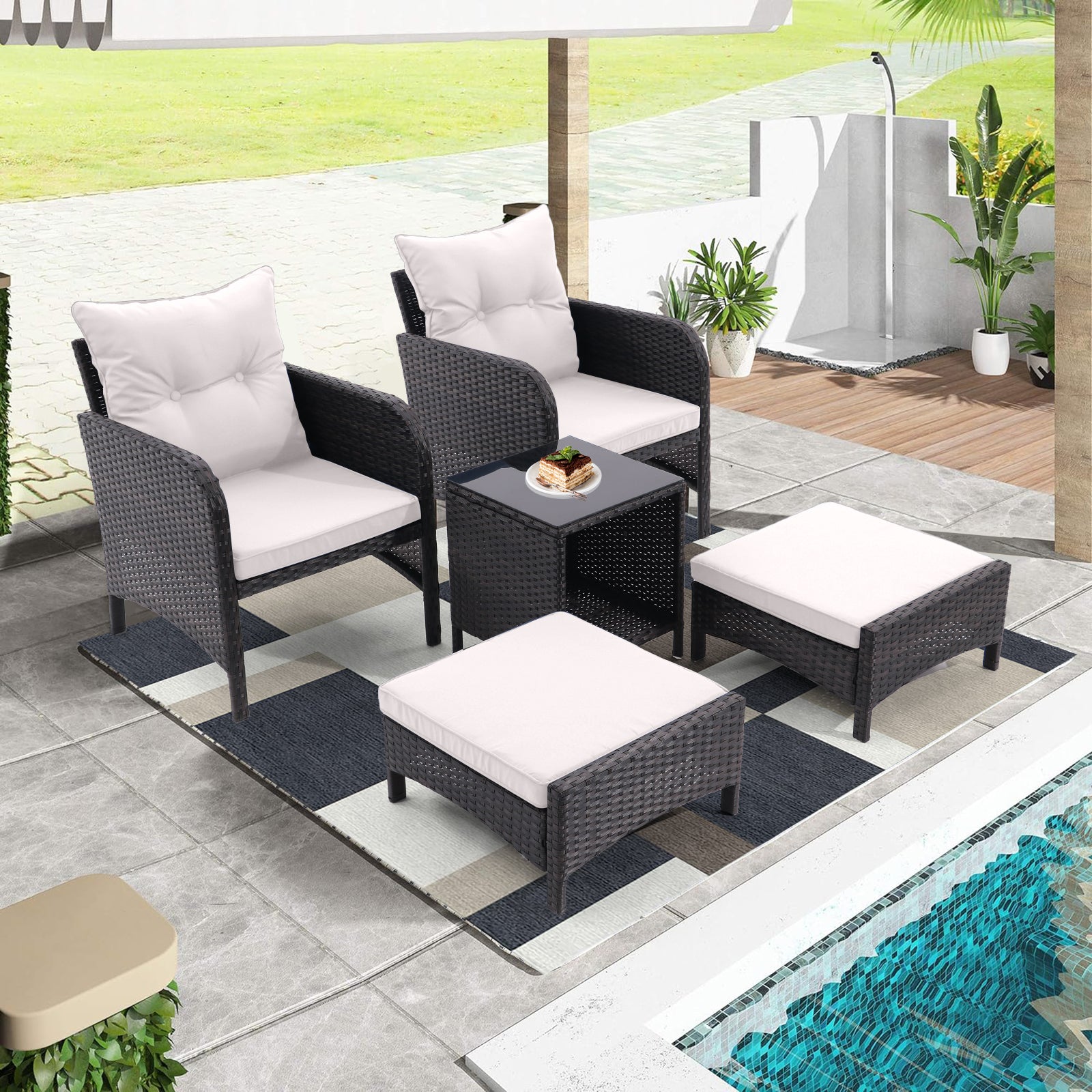 5 Piece Outdoor Patio Furniture Set,All Weather Pe Rattan Conversation Chairs With Armrest And Removable Cushions,Ottomans And Storage Coffee Table For Poolside Garden Balcony Deck Beige Yes Beige Pe Rattan Iron Waterproof Fabric