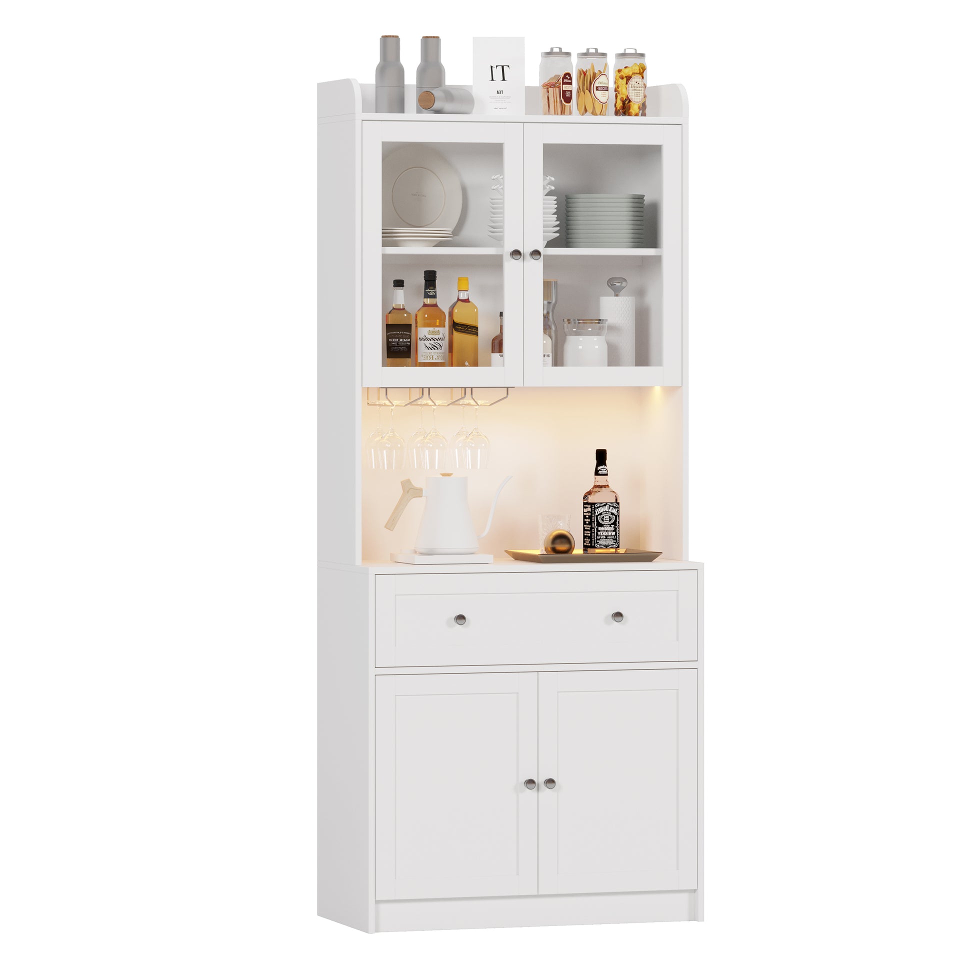 75.2" Tall Kitchen Pantry Storage Cabinet With Lights And Charging Station, Modern Kitchen Hutch Bar Cabinet With Microwave Stand, Wood Buffet Sideboard With 1 Drawer For Kitchen, Dining Room White Dining Room Classic Mdf