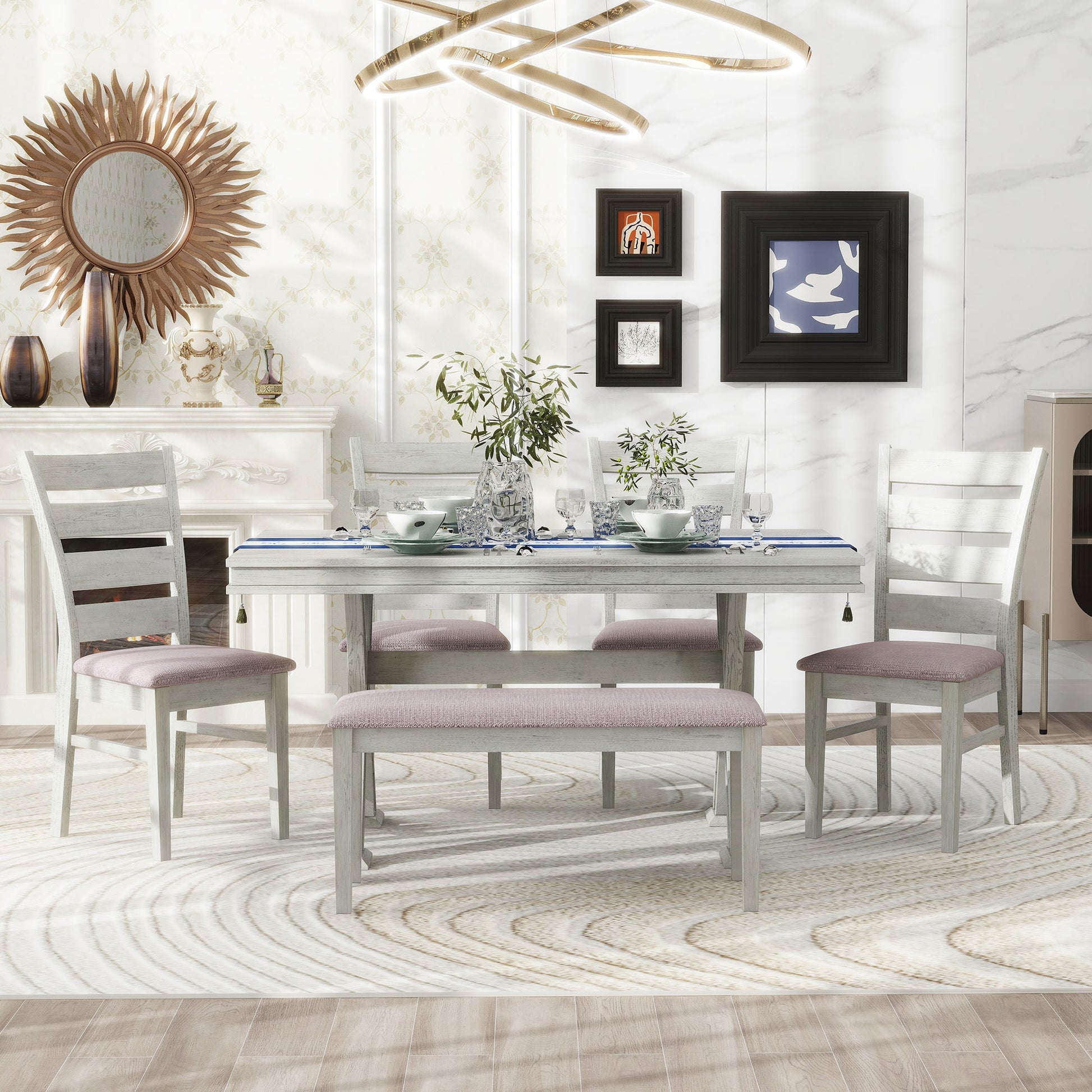 6 Piece Retro 59"L Rectangular Dining Table Set, Table With Unique Legs And 4 Upholstered Chairs & 1 Bench For Dining Room And Kitchen White Wood Dining Room Distressed Finish Rubberwood Rectangular Dining Table With Chair And Bench Upholstered Chair