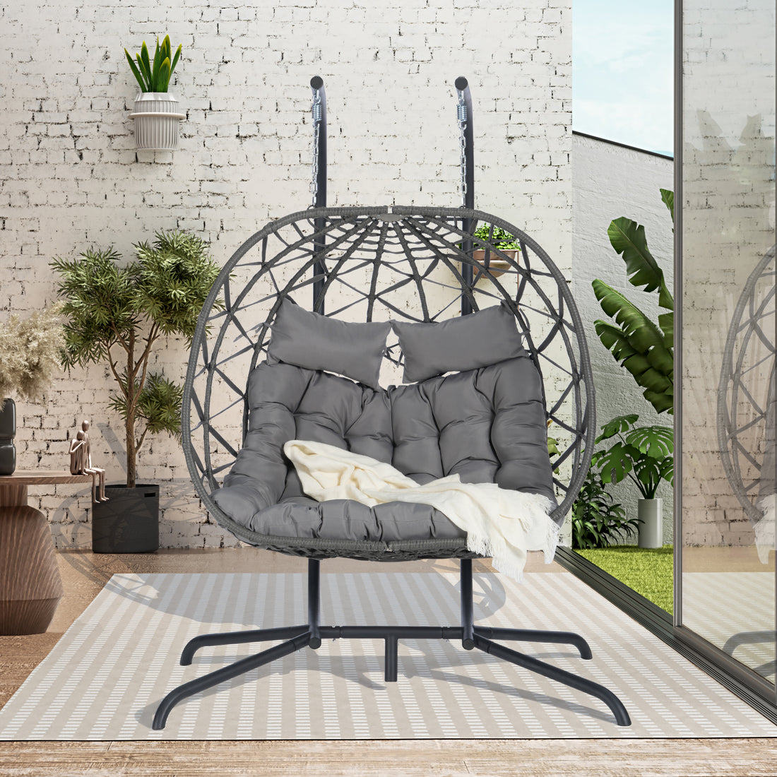 2 Person Outdoor Rattan Hanging Chair Patio Wicker Egg Chair Yes Complete Patio Set Dark Gray Uv Resistant Frame Water Resistant Cushion Garden & Outdoor American Design,American Traditional 2 Person Seating Group Polyethylene Rattan