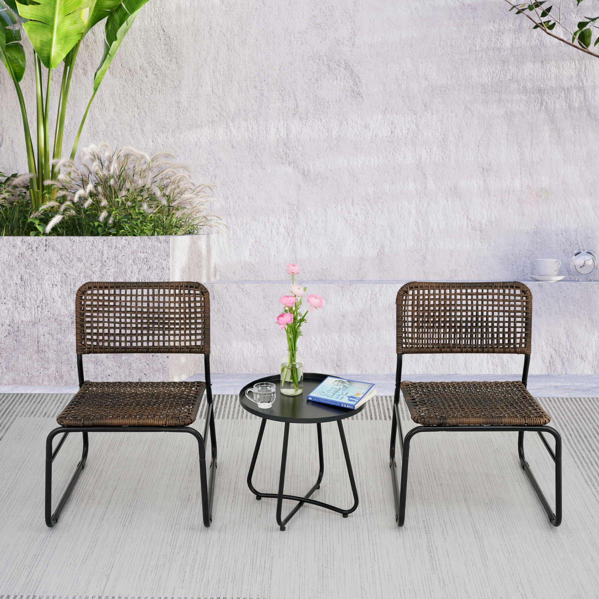 Patio Furniture Set 3 Piece Mixture Pattern Pe Rattan Steel Frame And Modern Round Table, Brown And Black No Sectional Black Brown Seats 2 Rust Resistant Frame Garden & Outdoor American Design,American Traditional,Antique,Vintage 2 Person Seating Group