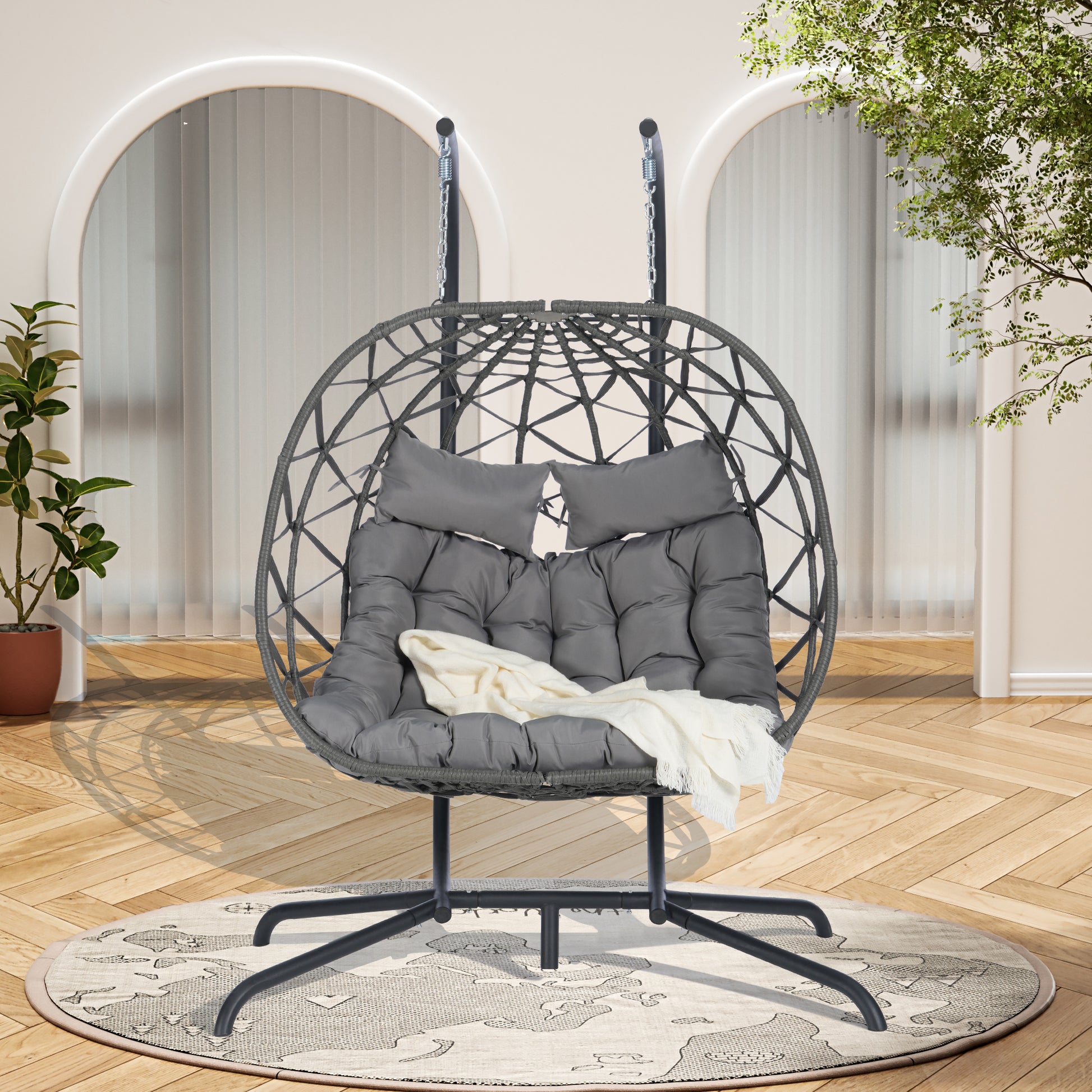 2 Person Outdoor Rattan Hanging Chair Patio Wicker Egg Chair Yes Complete Patio Set Dark Gray Uv Resistant Frame Water Resistant Cushion Garden & Outdoor American Design,American Traditional 2 Person Seating Group Polyethylene Rattan