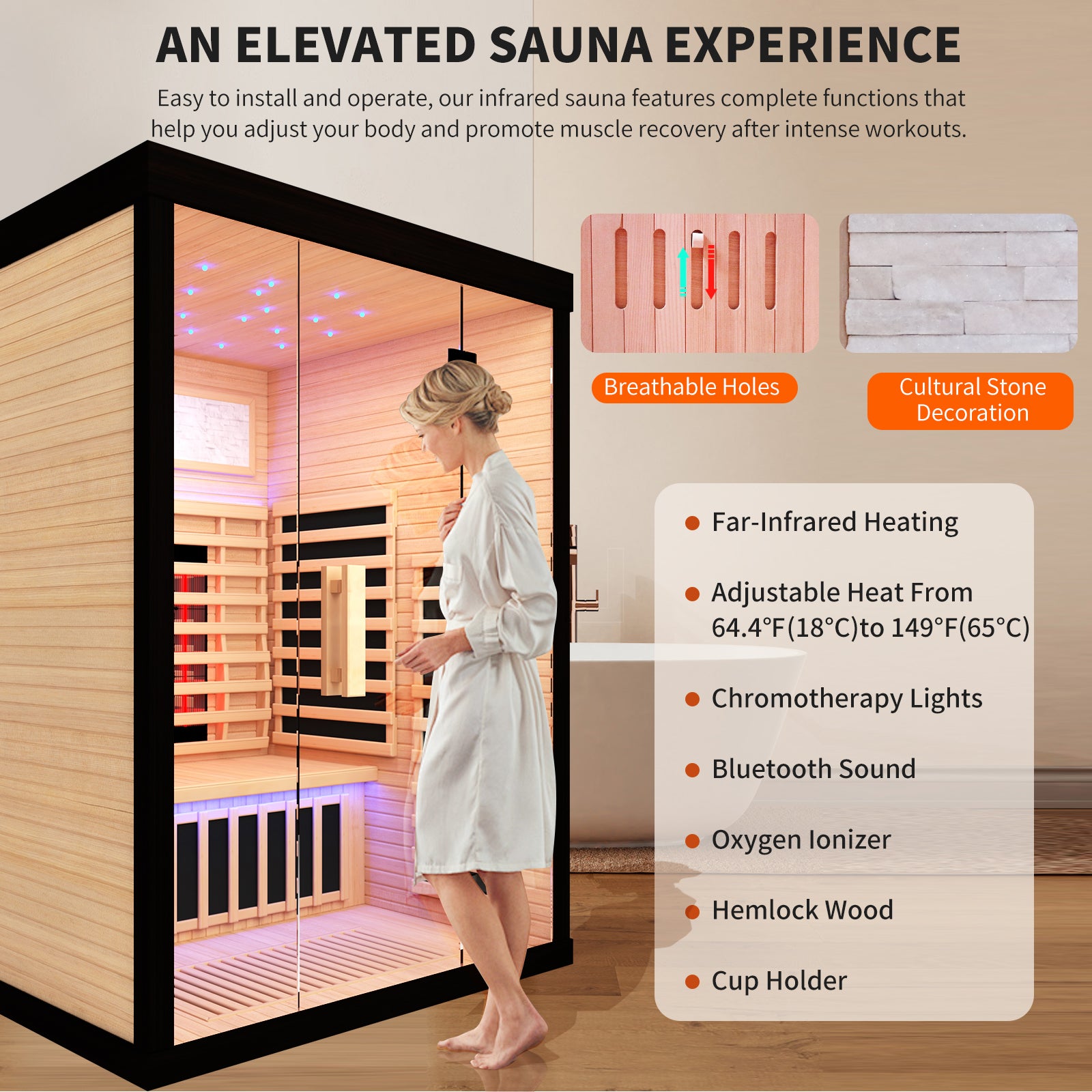 Luxury Double Sauna Room Black Natural Wood Paper Glass