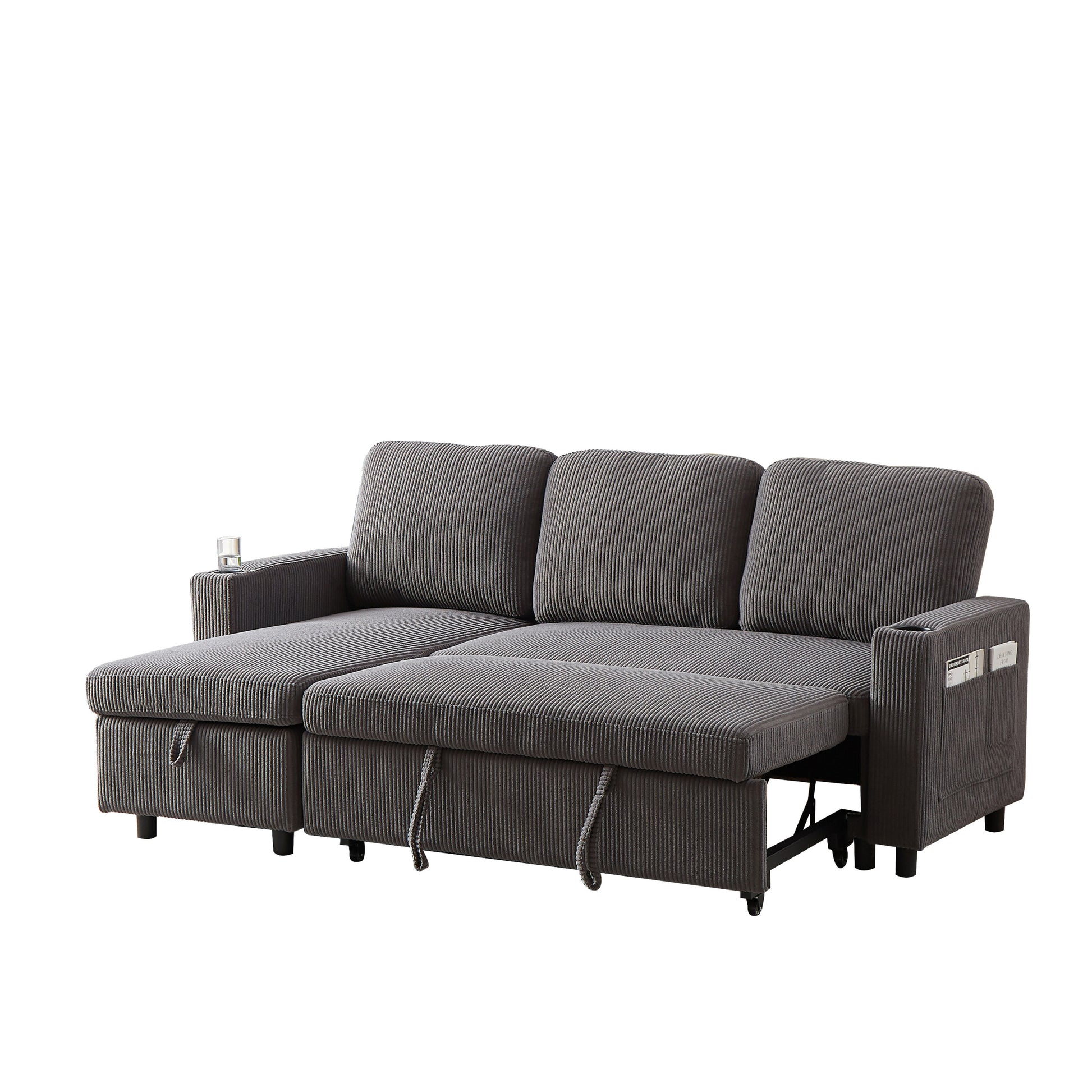 Fx78.7" Comfortable Corduroy L Shaped Combo Sofa Bed, Living Room Furniture Set For Tight Spaces, Reversible Sleeper Combo Sofa With Pullout Bed, Reversible Sofa Bed For Living Room, Office, Apartment Grey Wood Primary Living Space Foam Corduroy 3 Seat
