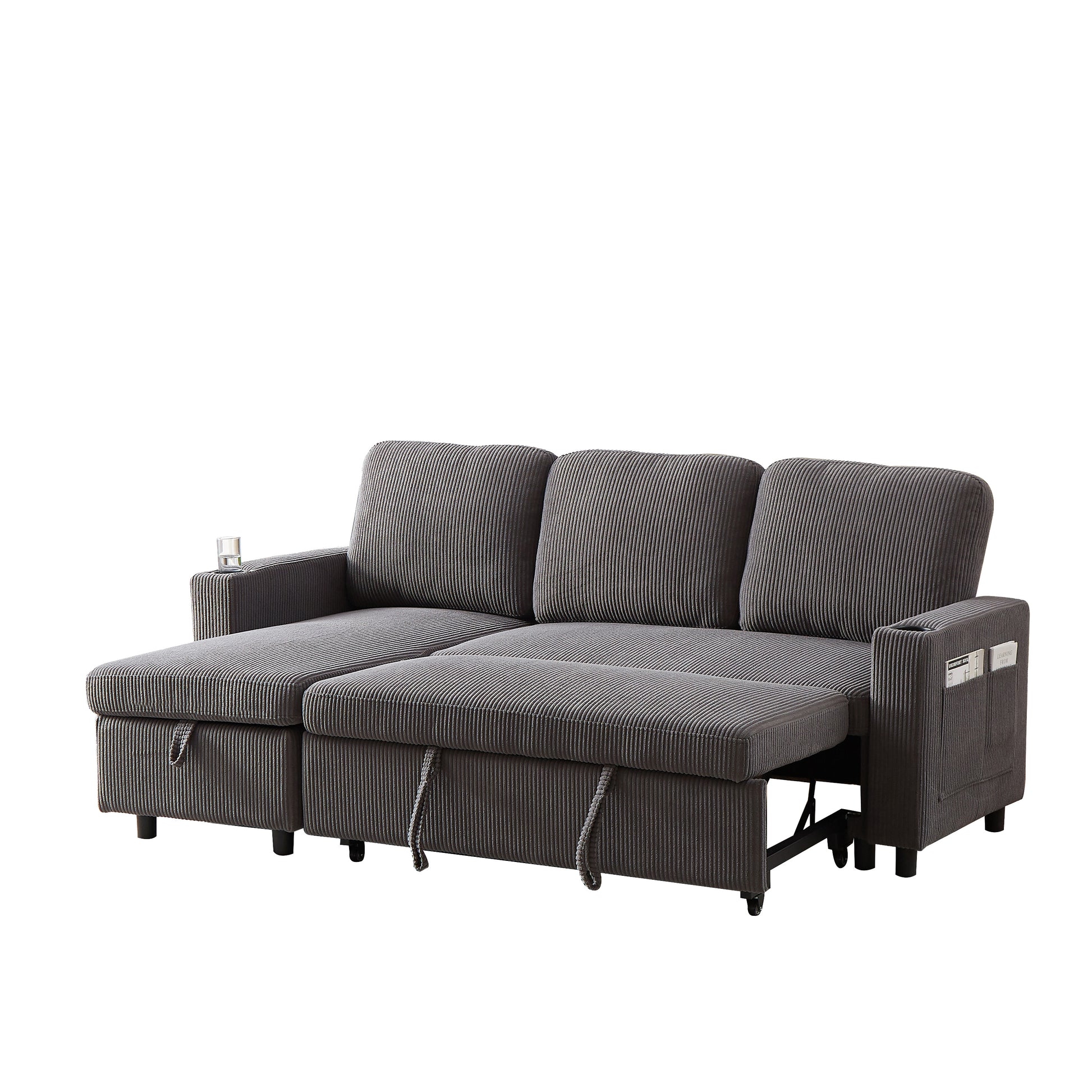 Fx78.7" Comfortable Corduroy L Shaped Combo Sofa Bed, Living Room Furniture Set For Tight Spaces, Reversible Sleeper Combo Sofa With Pullout Bed, Reversible Sofa Bed For Living Room,W1926S00011 Grey Wood Primary Living Space Foam Corduroy 3 Seat