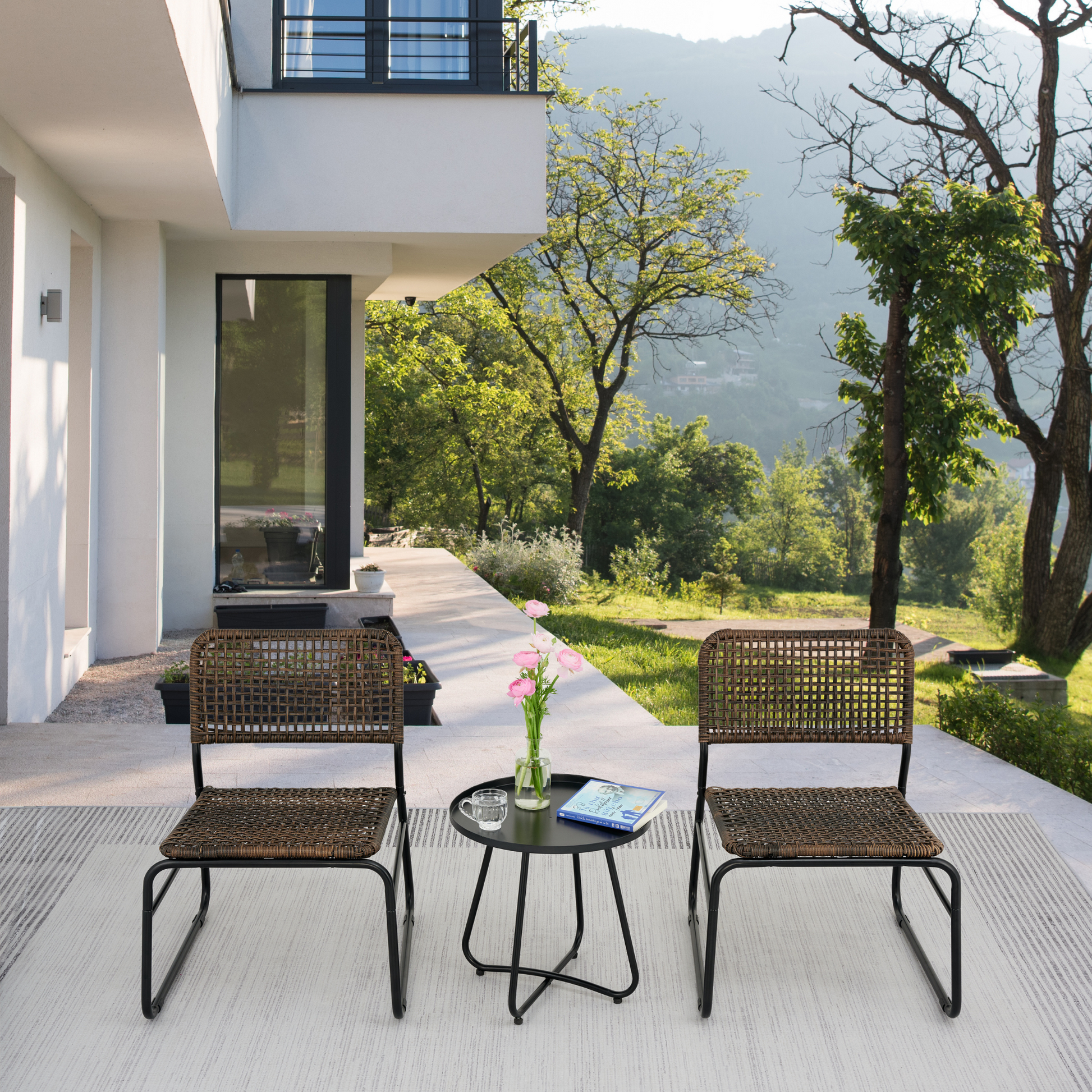 Patio Furniture Set 3 Piece Mixture Pattern Pe Rattan Steel Frame And Modern Round Table, Brown And Black No Sectional Black Brown Seats 2 Rust Resistant Frame Garden & Outdoor American Design,American Traditional,Antique,Vintage 2 Person Seating Group