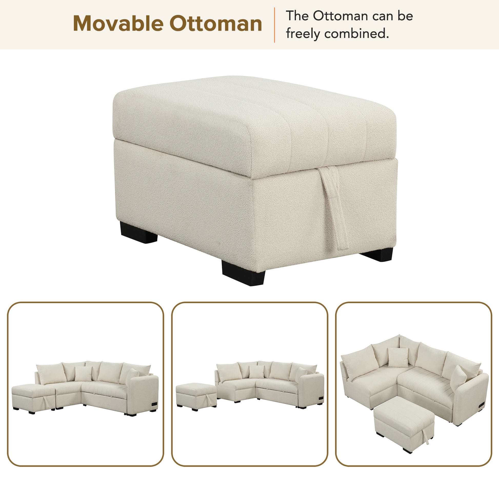 82.6" L Shaped Sectional Pull Out Sofa Bed Sleeper Sofa With Two Usb Ports, Two Power Sockets And A Movable Storage Ottoman, Beige Beige Foam Polyester