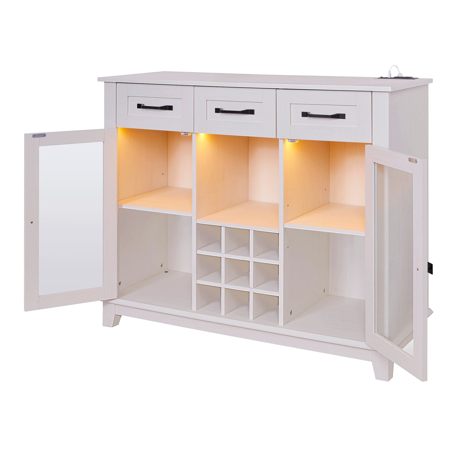 42" Modern Farmhouse Sideboard Buffet Coffee Bar Cabinet Storage Cabinet With Led Charging Station, Wine & Glass Rack,3 Drawers, For Kitchen, Dining Room, Living Room Antique White White Classic Mdf