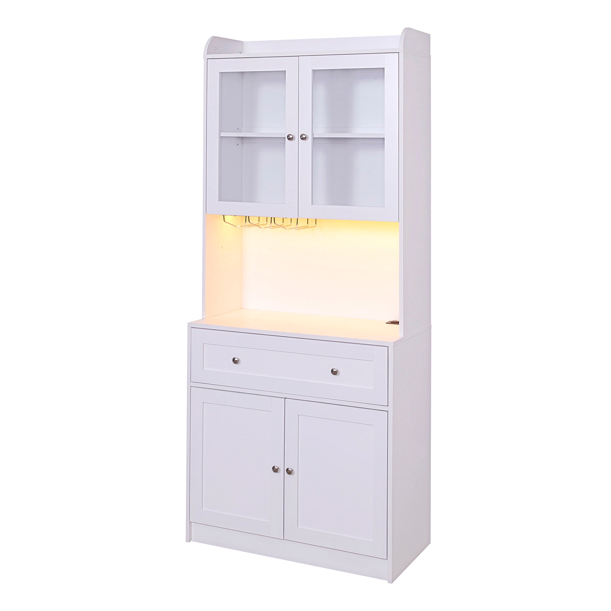 75.2" Tall Kitchen Pantry Storage Cabinet With Lights And Charging Station, Modern Kitchen Hutch Bar Cabinet With Microwave Stand, Wood Buffet Sideboard With 1 Drawer For Kitchen, Dining Room White Dining Room Classic Mdf