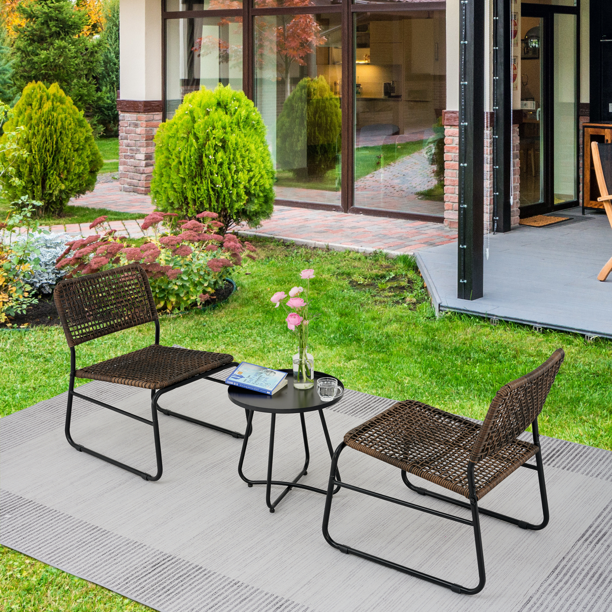 Patio Furniture Set 3 Piece Mixture Pattern Pe Rattan Steel Frame And Modern Round Table, Brown And Black No Sectional Black Brown Seats 2 Rust Resistant Frame Garden & Outdoor American Design,American Traditional,Antique,Vintage 2 Person Seating Group