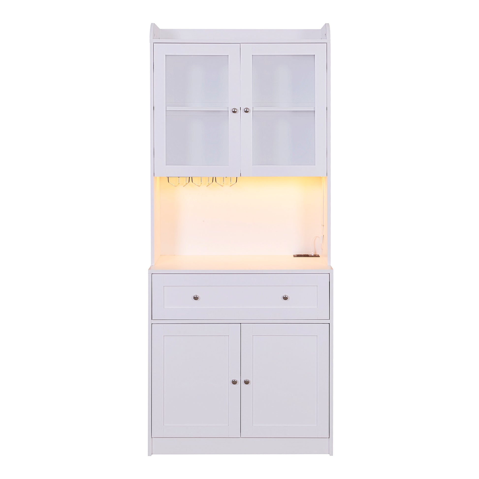 75.2" Tall Kitchen Pantry Storage Cabinet With Lights And Charging Station, Modern Kitchen Hutch Bar Cabinet With Microwave Stand, Wood Buffet Sideboard With 1 Drawer For Kitchen, Dining Room White Dining Room Classic Mdf