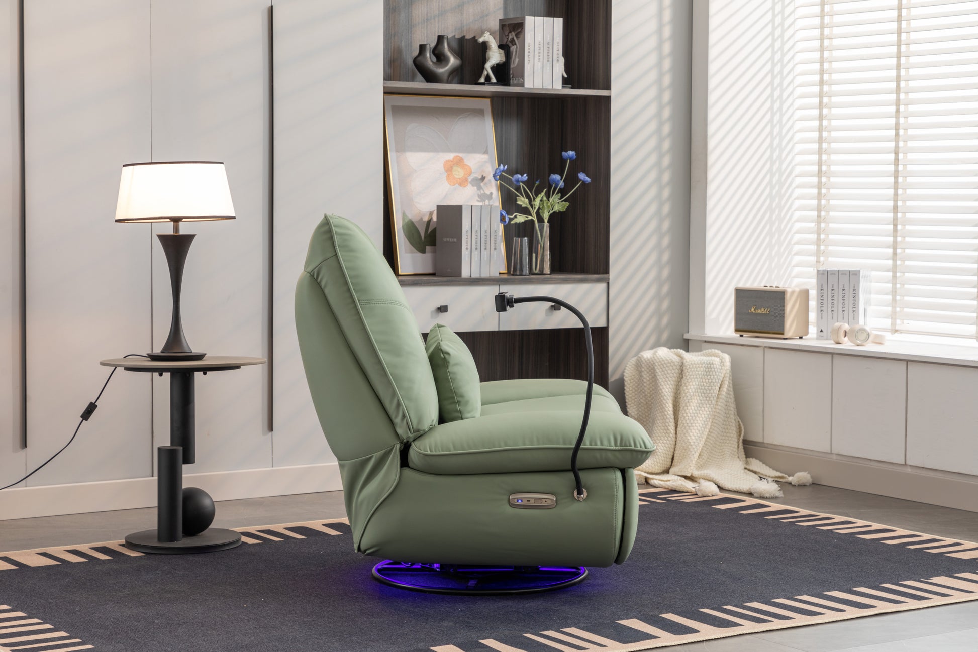 270 Swivel Glider Recliner Chair, Power Recliner Rocking Chair, Usb Port Charge For Nursery Chair With Atmosphere Lamp For Living Room Bedroom Apartment Green Faux Leather