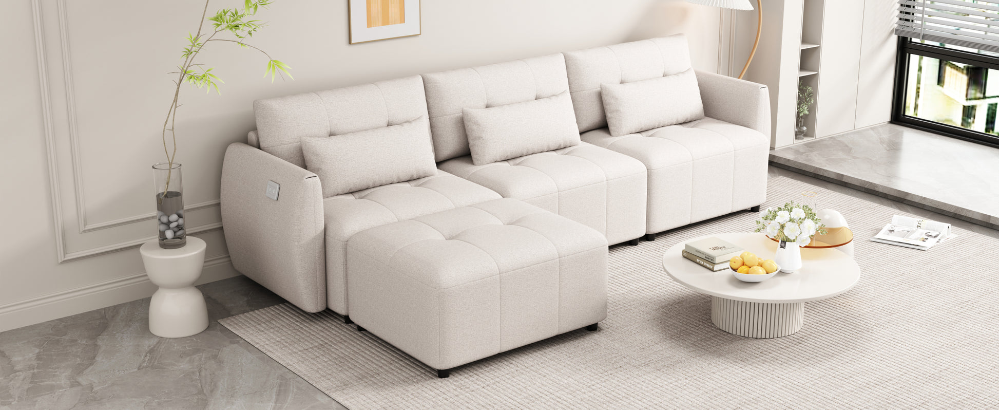 113.3" Convertible Sectional Sofa Couch 3 Seat L Shaped Sofa With Movable Ottoman And Usb For Apartment, Living Room, Bedroom, Beige Beige Chenille 3 Seat