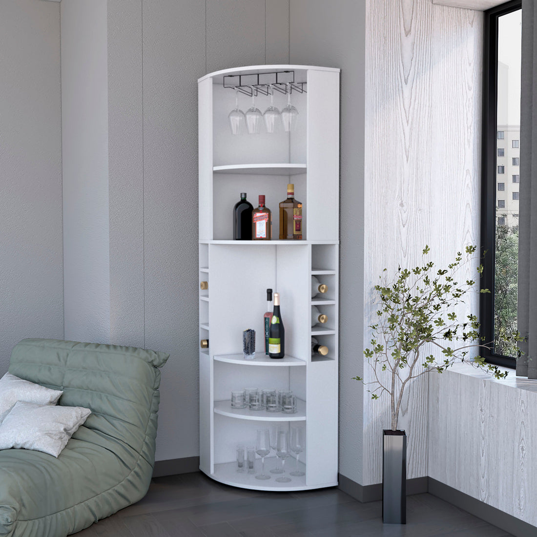 White 5 Large Shelves Corner Bar Cabinet Vertical 5 Or More Shelves White White Primary Living Space Shelves Included Wood