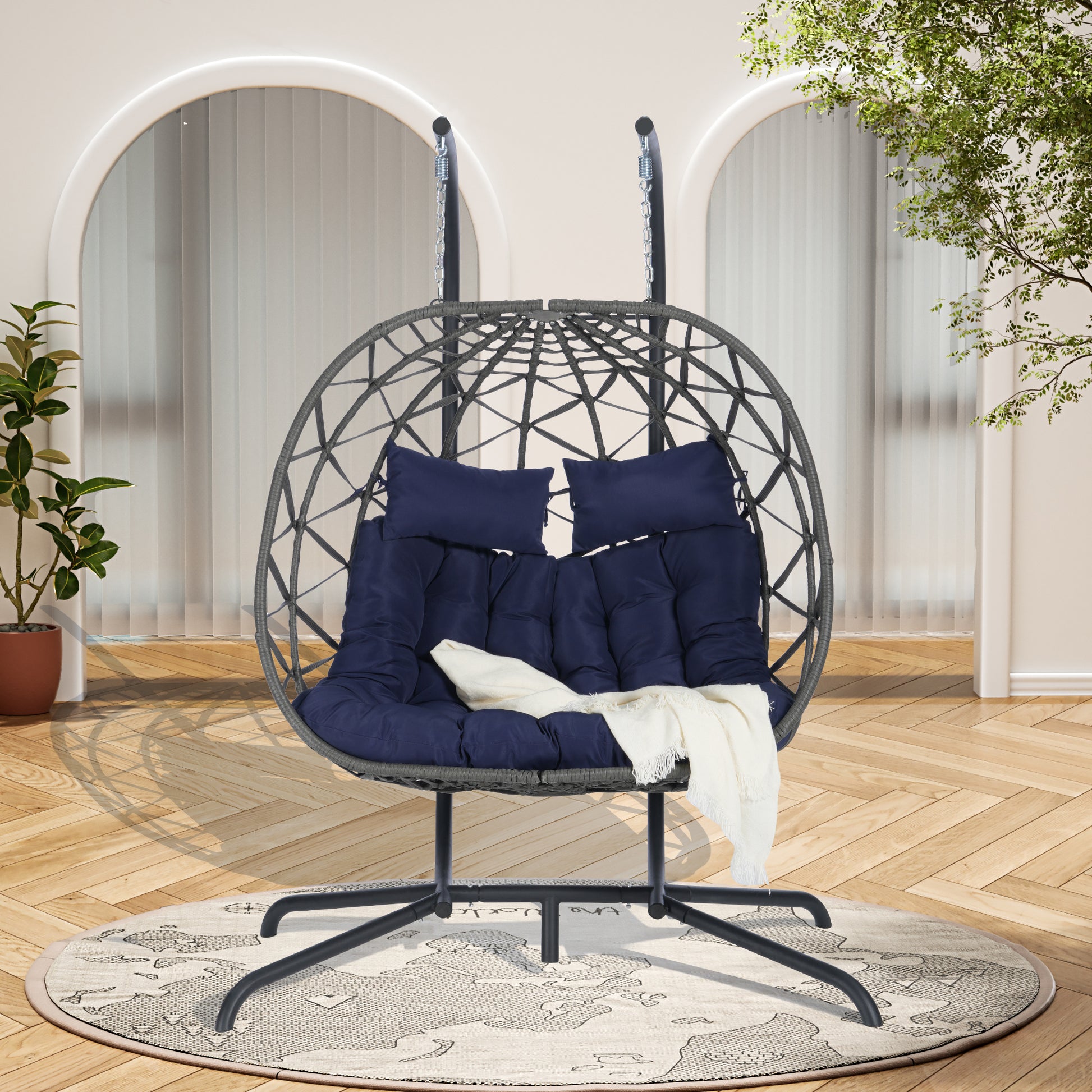 2 Person Outdoor Rattan Hanging Chair Patio Wicker Egg Chair Yes Complete Patio Set Dark Gray Uv Resistant Frame Water Resistant Cushion Garden & Outdoor American Design,American Traditional 2 Person Seating Group Polyester Rattan