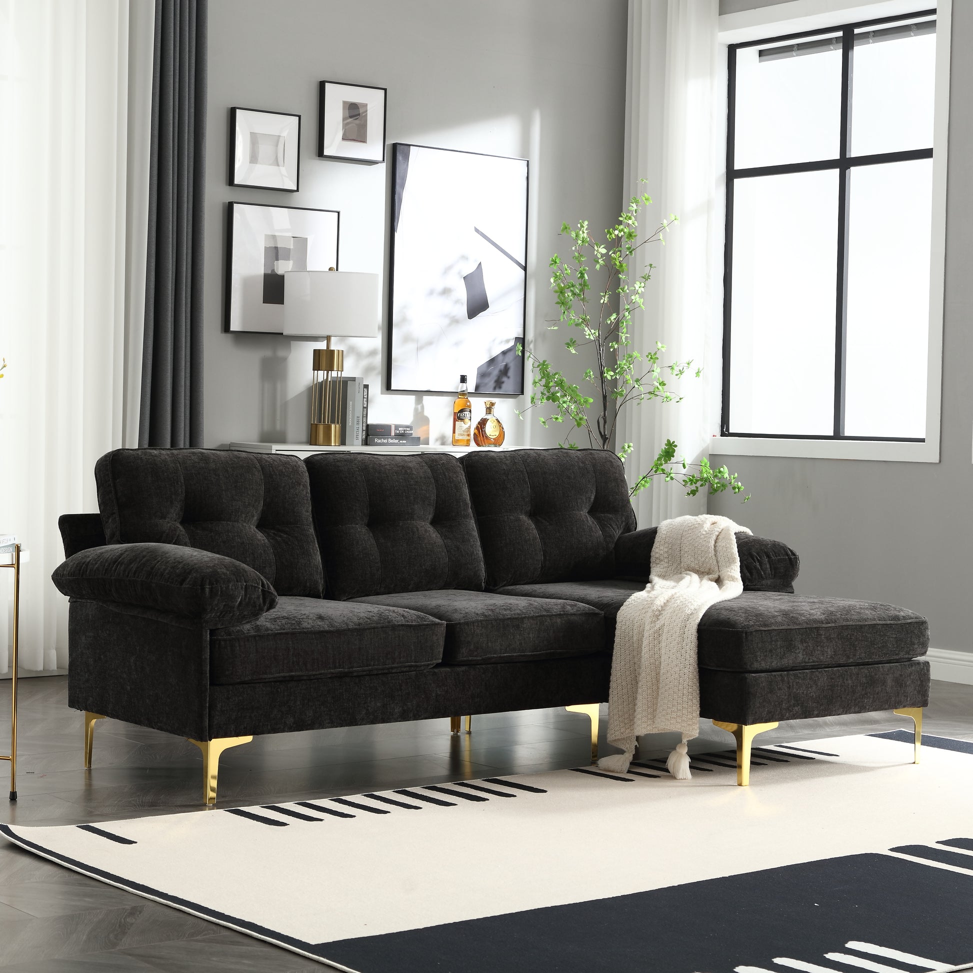L Shaped Sectional Sofa For Living Room,83" Chenille 3 Seater Sofa With Reversible Chaise, Modern Soft Cushion Fluffy Armrest Couch For For Small Spaces Bedroom Office Apartment Black Black Wood Primary Living Space Soft Solid Wood 4 Seat