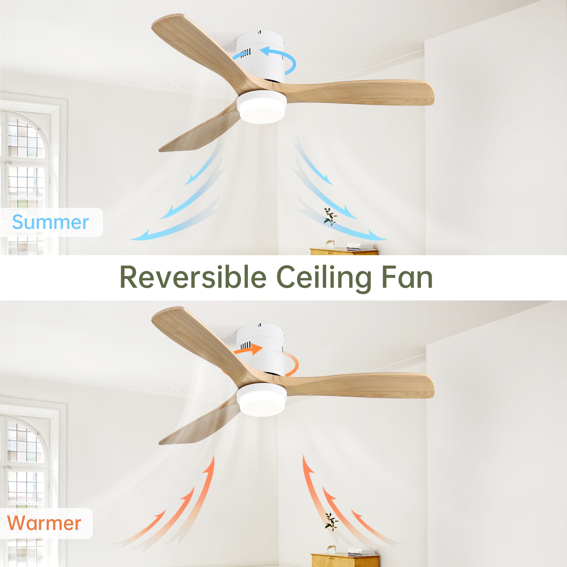 52 Inch Decorative Ceiling Fan With 6 Speed Remote White 3 Solid Wood Blades Reversible Dc Motor For Living Room White Metal & Wood