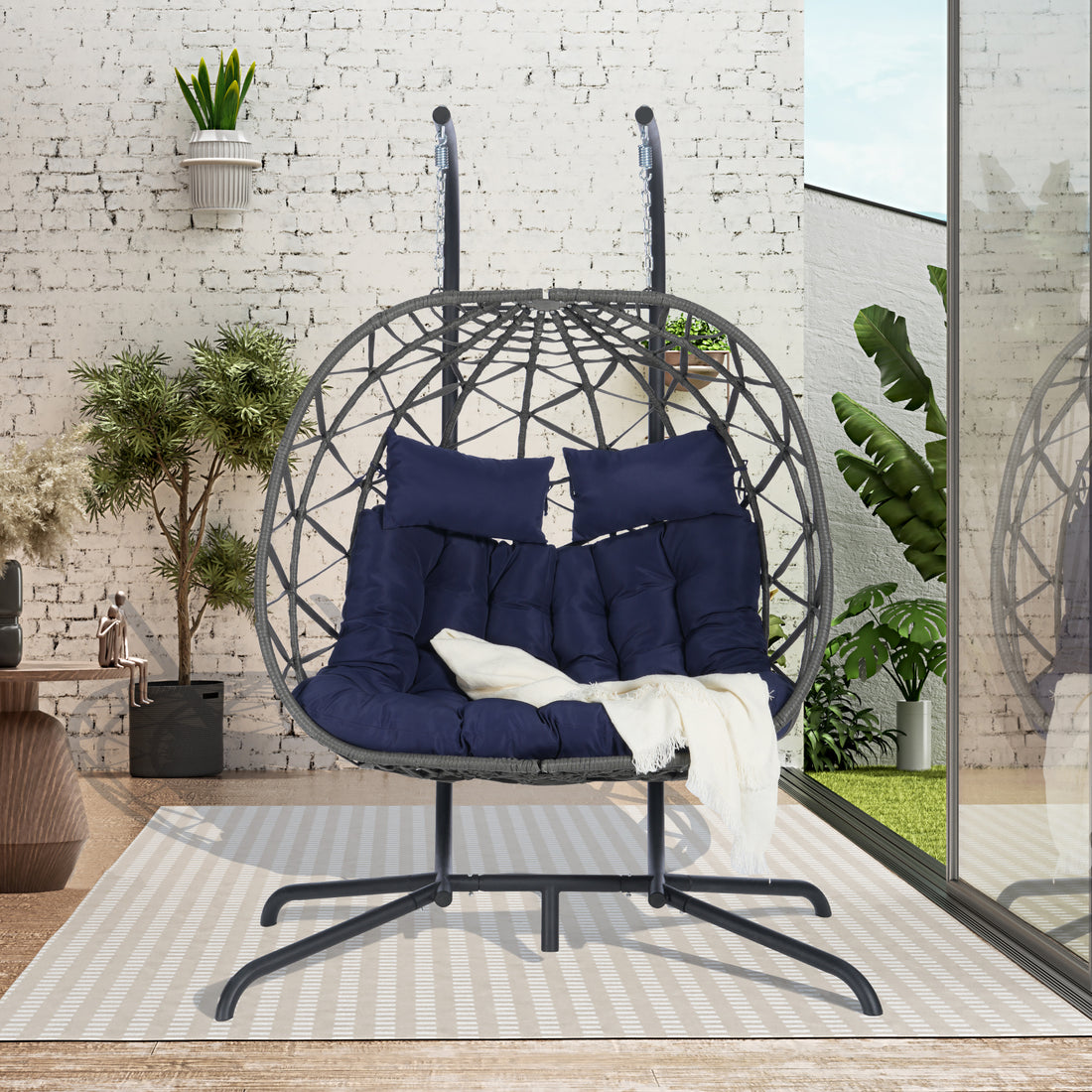 2 Person Outdoor Rattan Hanging Chair Patio Wicker Egg Chair Yes Complete Patio Set Dark Gray Uv Resistant Frame Water Resistant Cushion Garden & Outdoor American Design,American Traditional 2 Person Seating Group Polyester Rattan