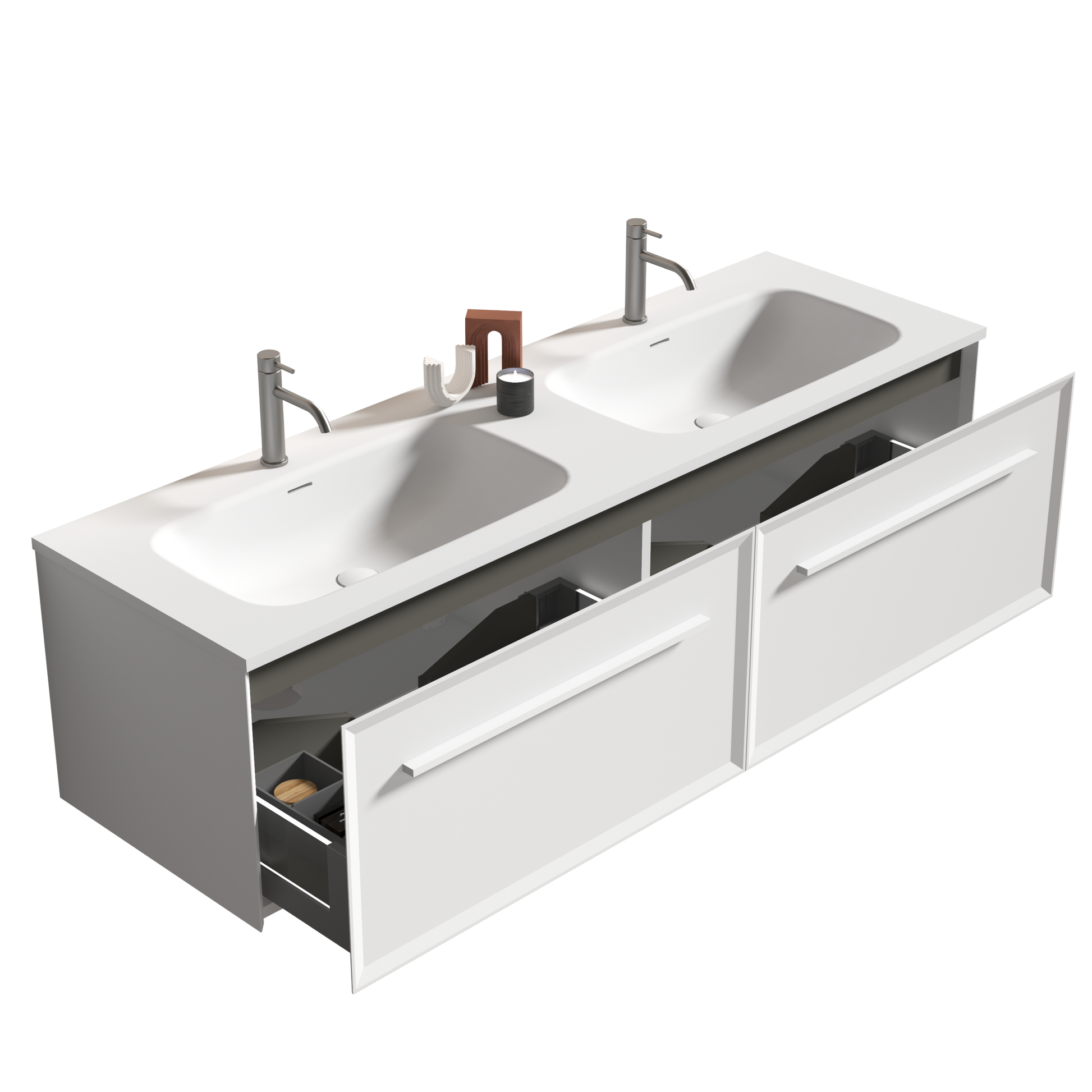 U052 Nevia60W 206 Nevia 60" Matt Snow White Bathroom Vanity With Automatic Led Drawer Light, Wall Mounted Bathroom Vanity With Integrated Solid Surface Sink, Without Drain, Pre Assembled White Plywood