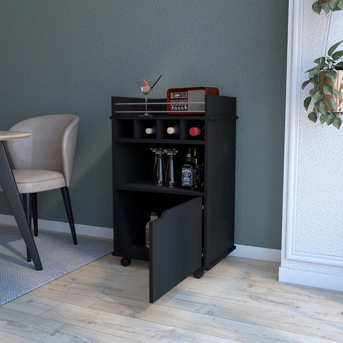 Black 1 Door Bar Cart Black Dining Room Rectangular Kitchen Carts Wood Small Less Than 40In