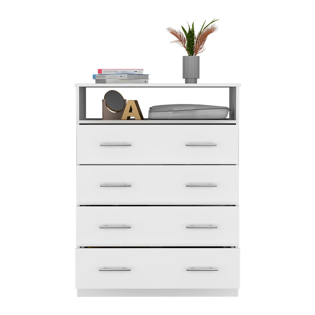 Peru L Four Drawer Dresser, Superior Top, One Open Shelf White White Bedroom Modern Particle Board Particle Board