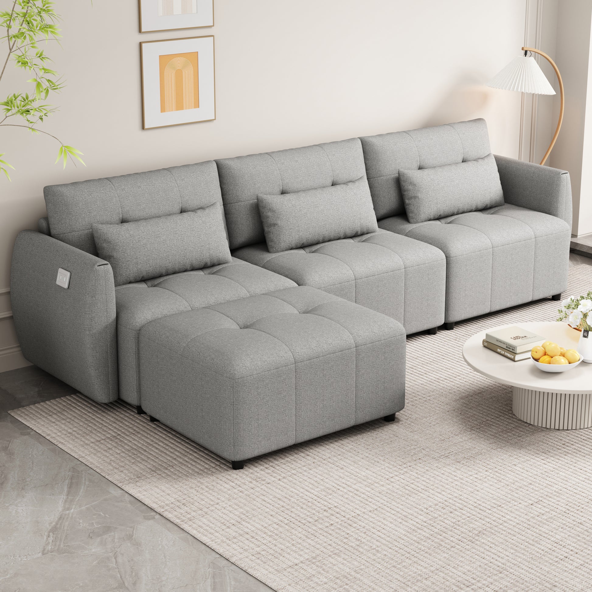 113.3" Convertible Sectional Sofa Couch 3 Seat L Shaped Sofa With Movable Ottoman And Usb For Apartment, Living Room, Bedroom, Grey Grey Chenille 3 Seat