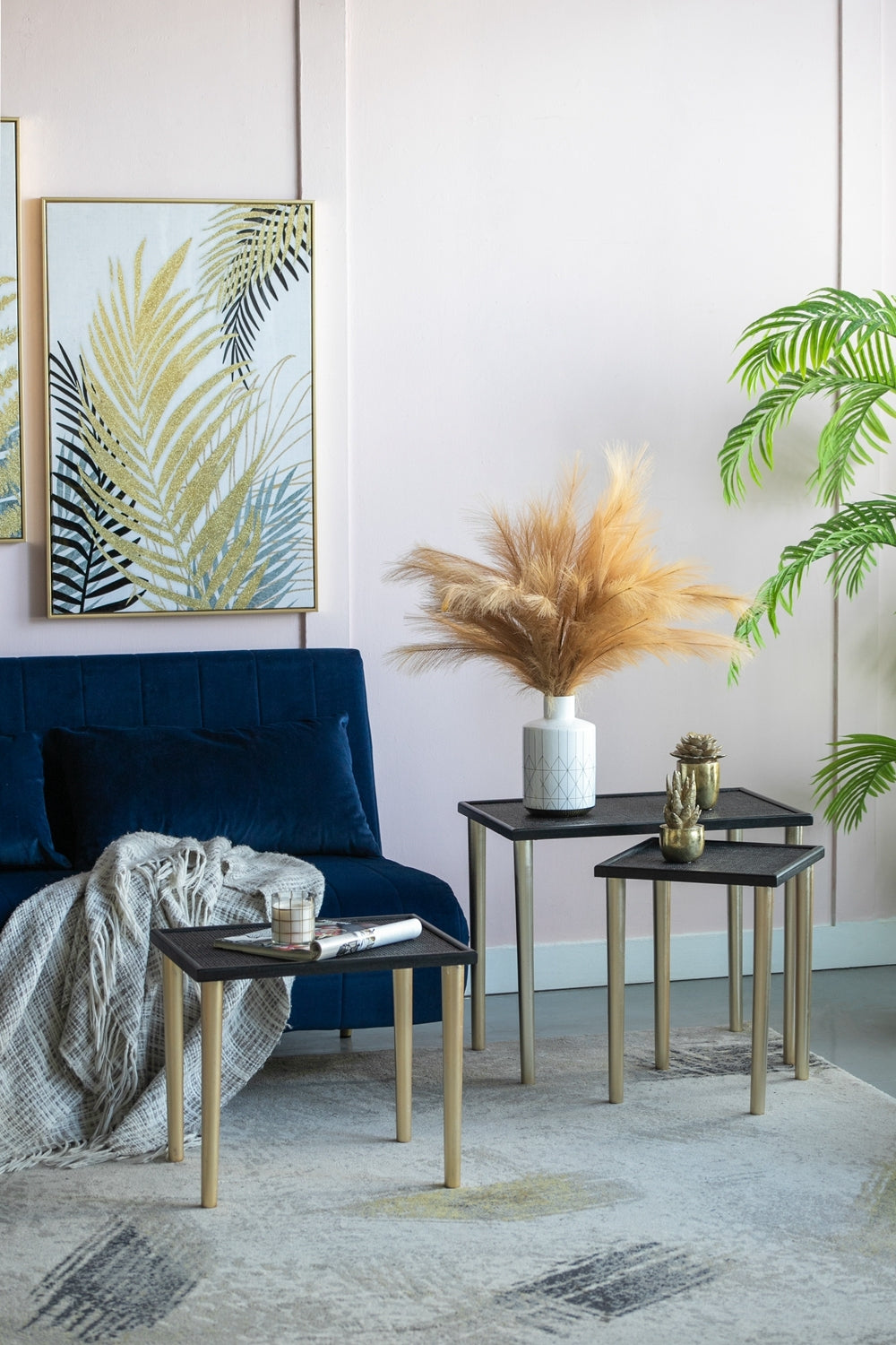 Set Of 3 Side Tables, L:25X15.5X21" M:20X15X18.5" S:14X14X16.5" Black Gold Primary Living Space Boho,Casual,Minimalist Solid Wood Mdf