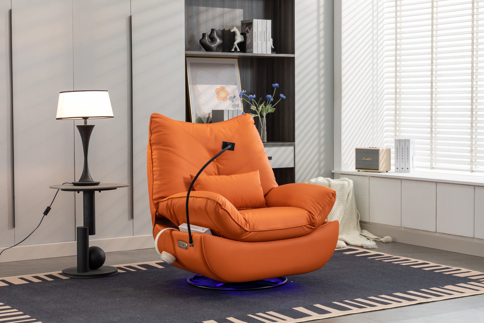 270 Swivel Glider Recliner Chair, Power Recliner Rocking Chair, Usb Port Charge For Nursery Chair With Atmosphere Lamp For Living Room Bedroom Apartment Orange Faux Leather