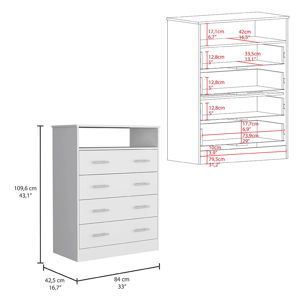 Peru L Four Drawer Dresser, Superior Top, One Open Shelf White White Bedroom Modern Particle Board Particle Board