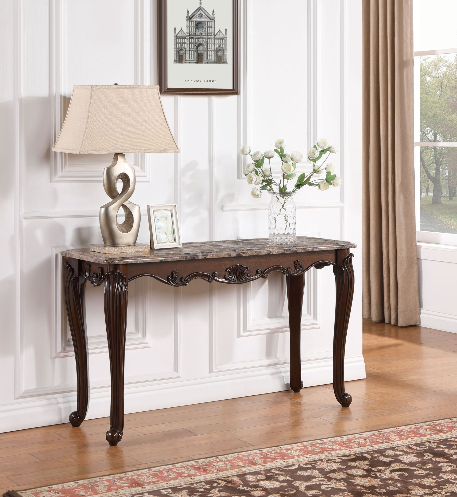Nayla Sofa Table, Natural Marble & Cherry Finish Lv02006 Cherry Marble