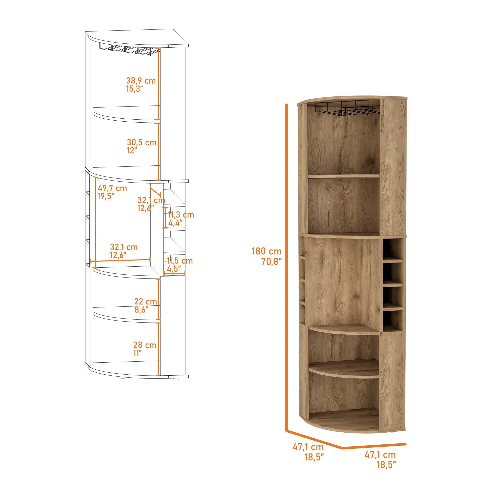 Macadamia 5 Large Sheves Corner Bar Cabinet Vertical 5 Or More Shelves Natural Light Brown Primary Living Space Shelves Included Wood