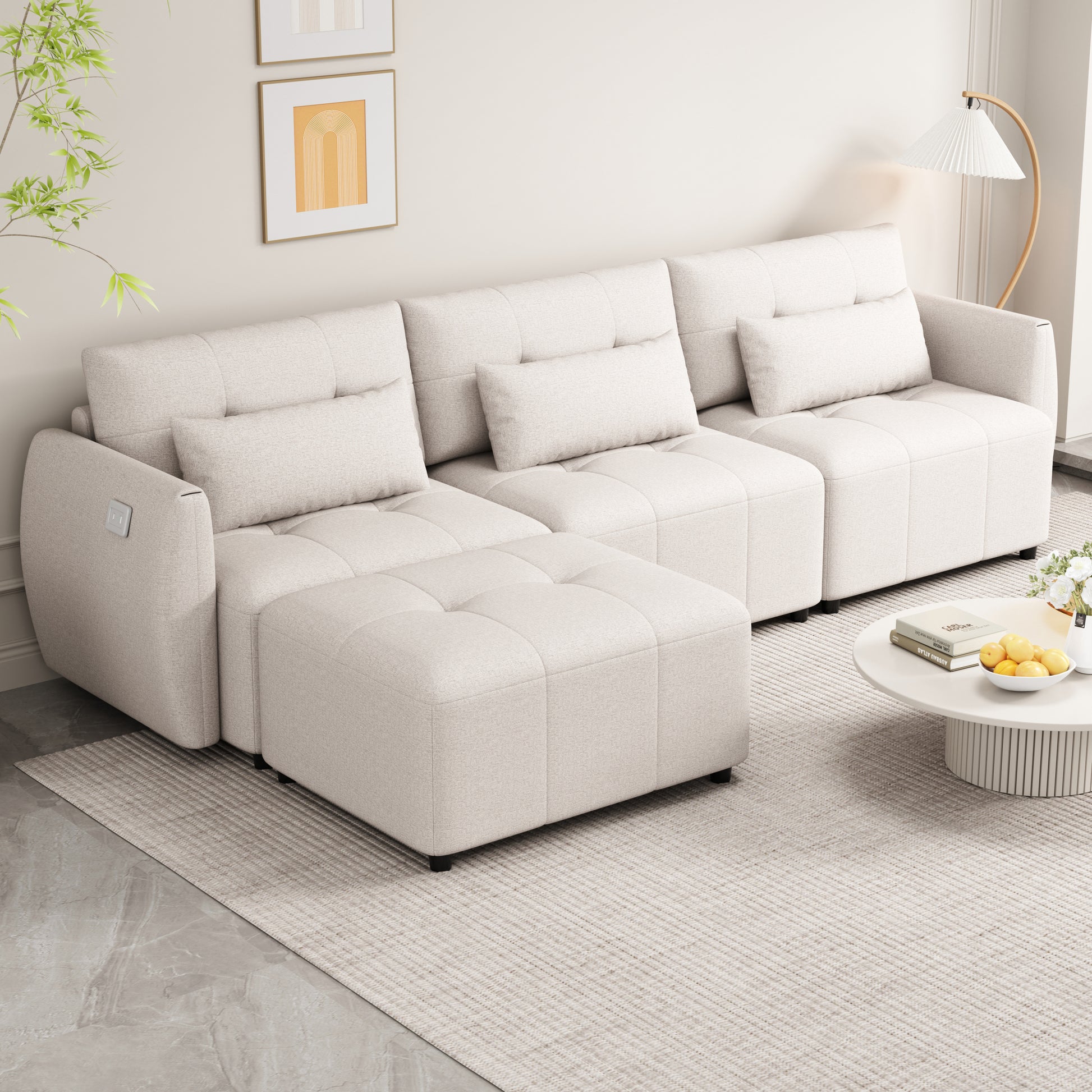 113.3" Convertible Sectional Sofa Couch 3 Seat L Shaped Sofa With Movable Ottoman And Usb For Apartment, Living Room, Bedroom, Beige Beige Chenille 3 Seat