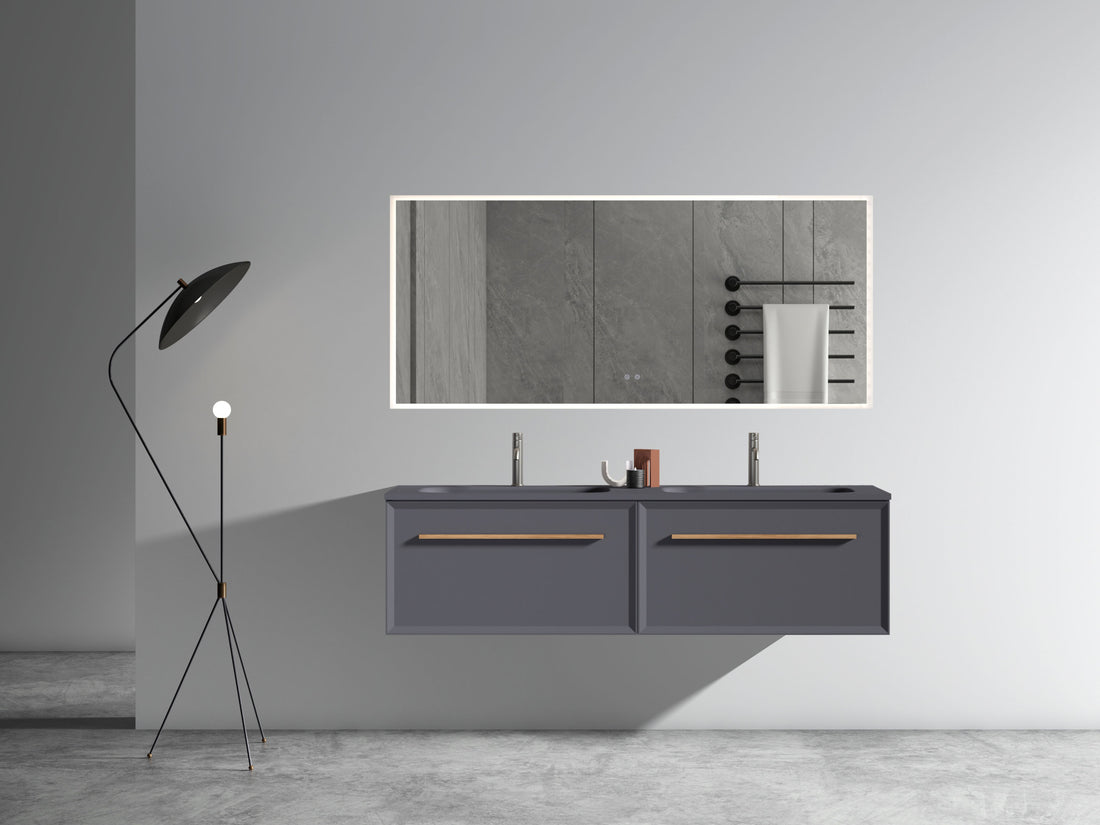 U054 Nevia60W 207 Nevia 60" Exclusive Gray Bathroom Vanity With Gray Solid Surface Sink, Wall Mounted Floating Bathroom Vanity For Modern Bathroom, One Piece Gray Basin Without Drain, Pre Assembled Gray Plywood