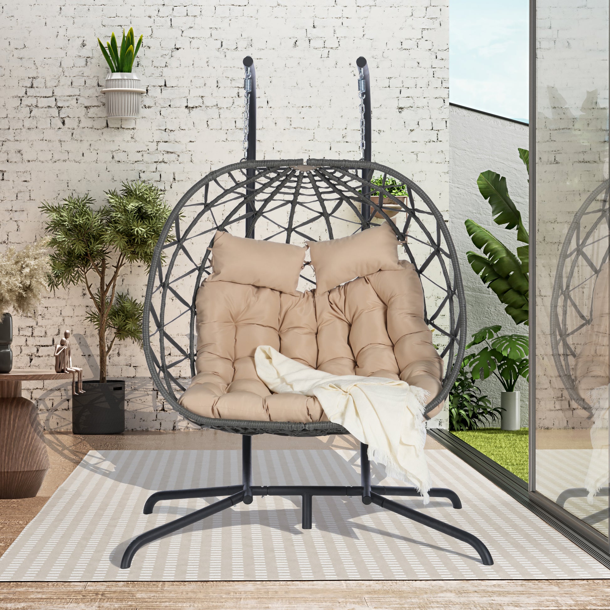 2 Person Outdoor Rattan Hanging Chair Patio Wicker Egg Chair Yes Complete Patio Set Dark Gray Uv Resistant Frame Water Resistant Cushion Garden & Outdoor American Design,American Traditional 2 Person Seating Group Polypropylene Rattan