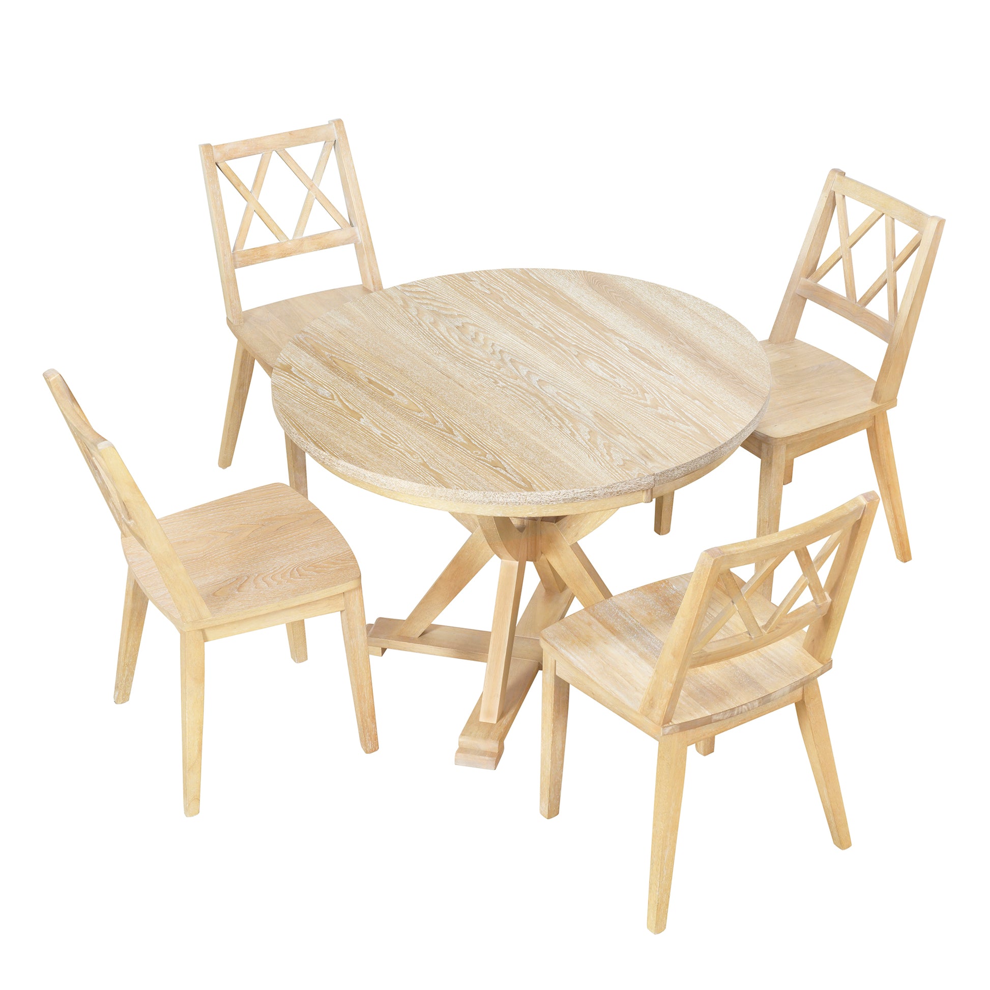 Mid Century 5 Piece Extendable Round Dining Table Set With 15.7" Removable Leaf And 4 Cross Back Dining Chairs, Natural Wood Dining Room Extendable Rubberwood Oval Dining Table With Chair Wood Wood Natural Seats 4 Removable Leaf Mid Century Modern Oval