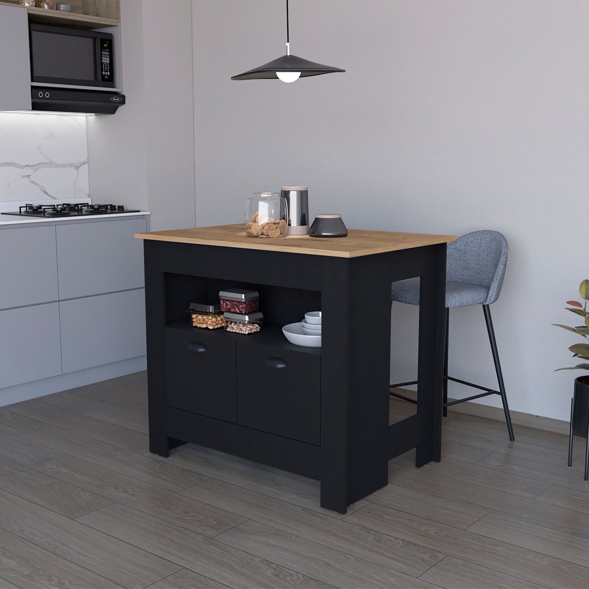 Black 2 Door Kitchen Island Black Kitchen Rectangular Stationary Kitchen Islands Wood Medium 40 55In