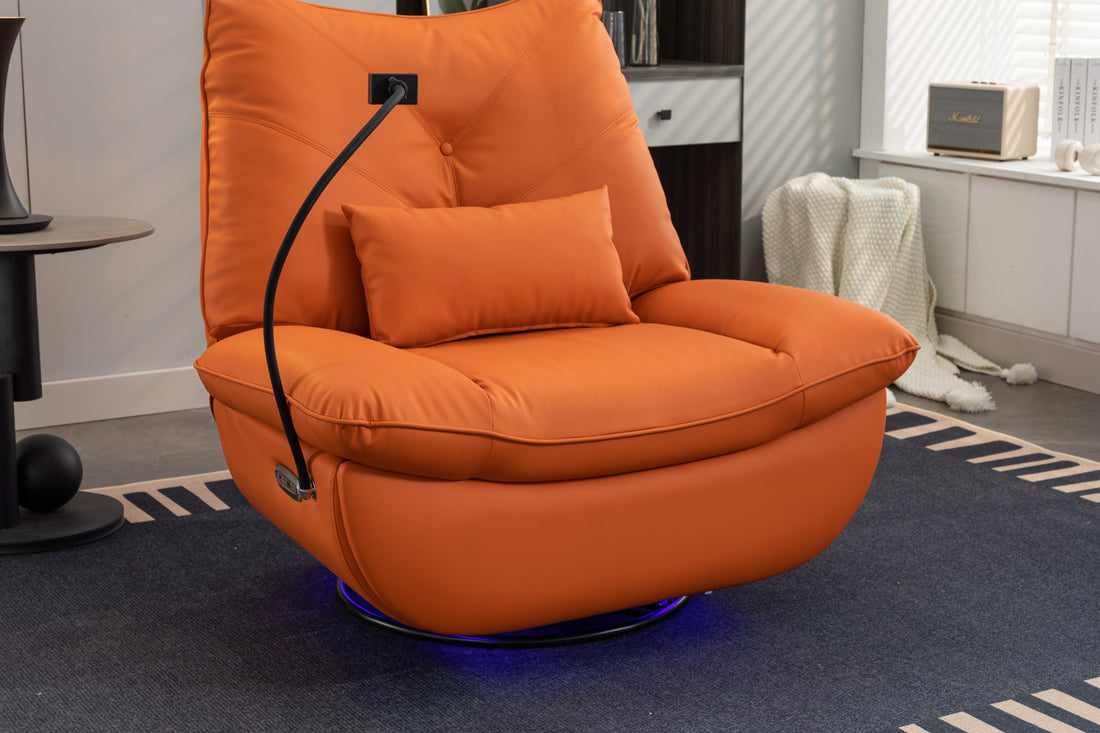 270 Swivel Glider Recliner Chair, Power Recliner Rocking Chair, Usb Port Charge For Nursery Chair With Atmosphere Lamp For Living Room Bedroom Apartment Orange Faux Leather