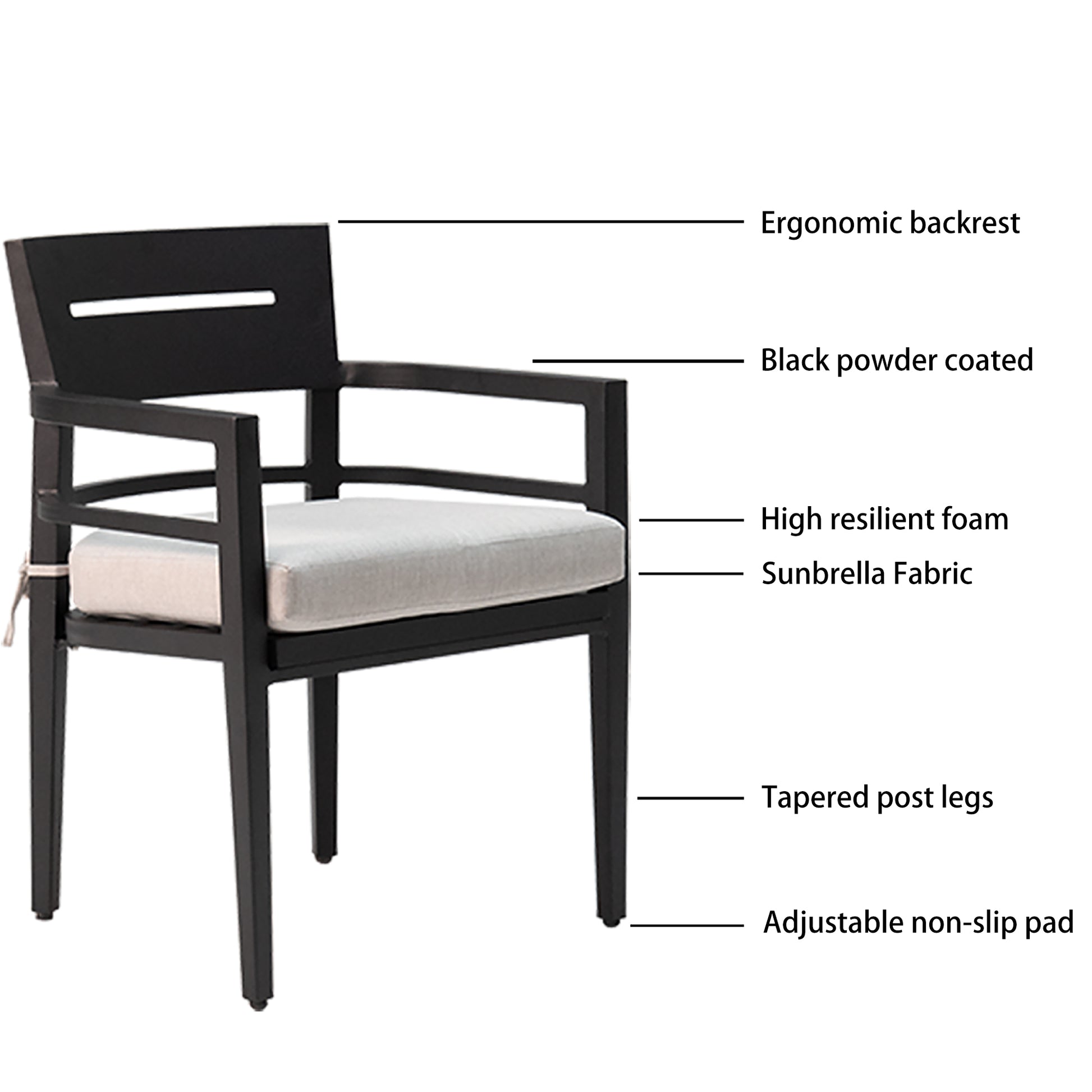 Outdoor Patio K D Aluminum Stationary Dining Chairs 4Pcs With Outdoor Grade Sunbrella Fabric Cushions, Tapered Feet, Ember Black Yes Dining Set Ember Black Weather Resistant Frame Fade Resistant Cushion Garden & Outdoor Contemporary Polyester Aluminum