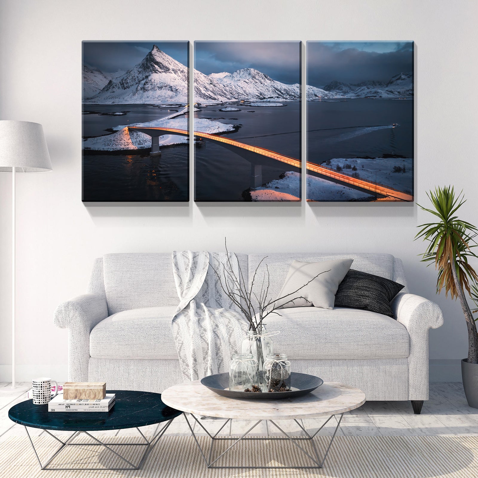 3 Panels Framed Bridge Above Ice Sea Canvas Wall Art Decor,3 Pieces Mordern Canvas Decoration Painting For Office,Dining Room,Living Room, Bedroom Decor Ready To Hang Rectangle Framed Multicolor Oversized 41In Canvas Nature Scenes