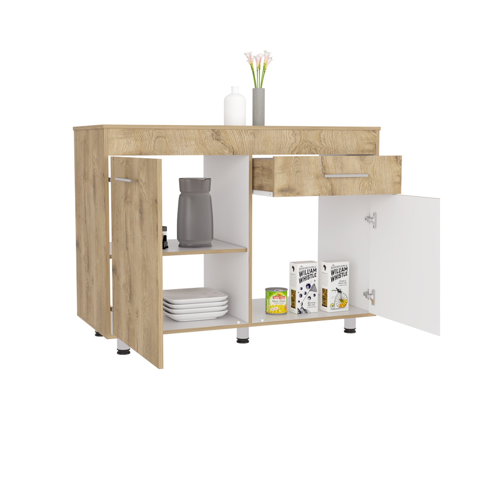 Orion Utility Base Cabinet, One Drawer, Double Door White Macadamia Beige Bedroom Shelves Included Modern Particle Board Particle Board