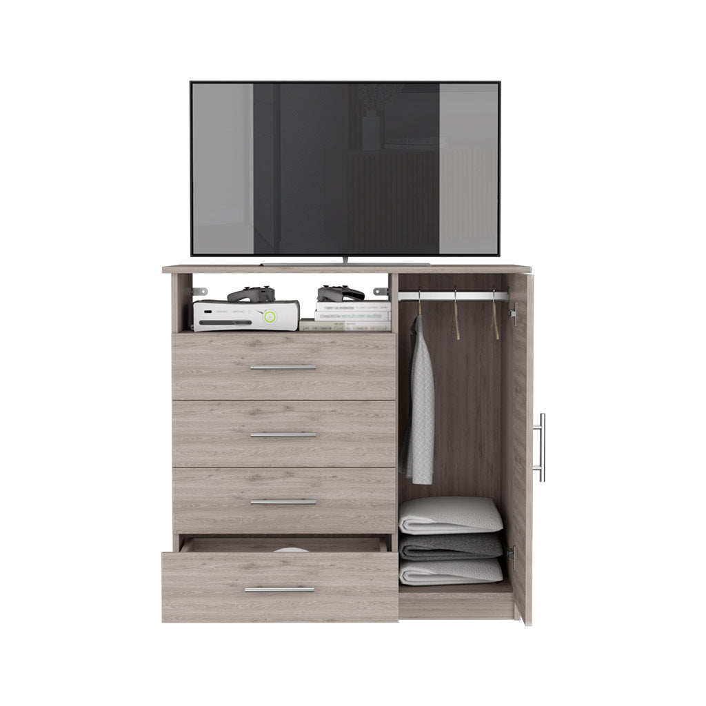 Peru 4 Drawer Dresser, Single Door Cabinet, One Open Shelf, Superior Top Light Gray Gray Bedroom Modern Particle Board Particle Board