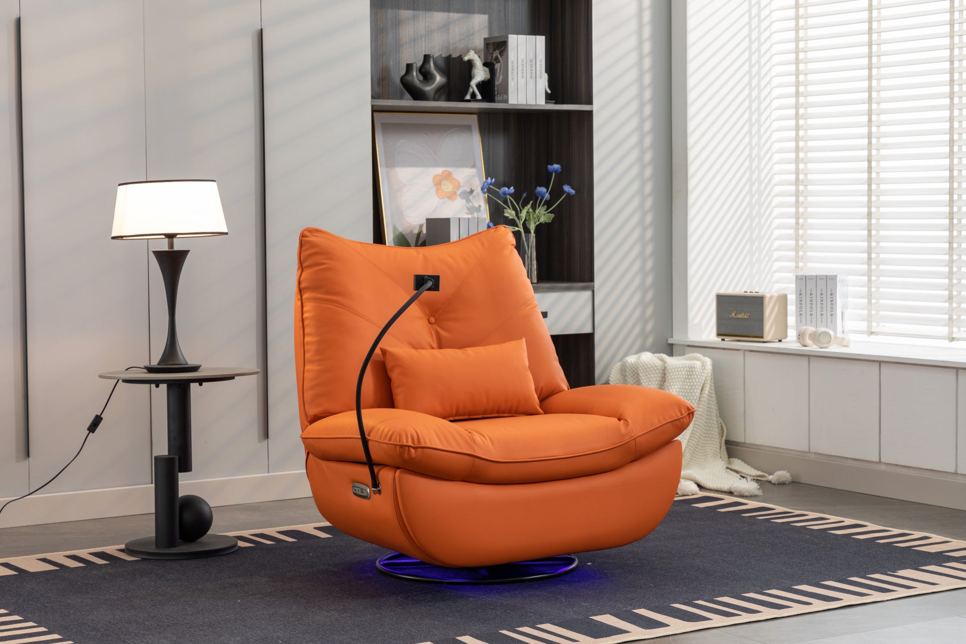 270 Swivel Glider Recliner Chair, Power Recliner Rocking Chair, Usb Port Charge For Nursery Chair With Atmosphere Lamp For Living Room Bedroom Apartment Orange Faux Leather