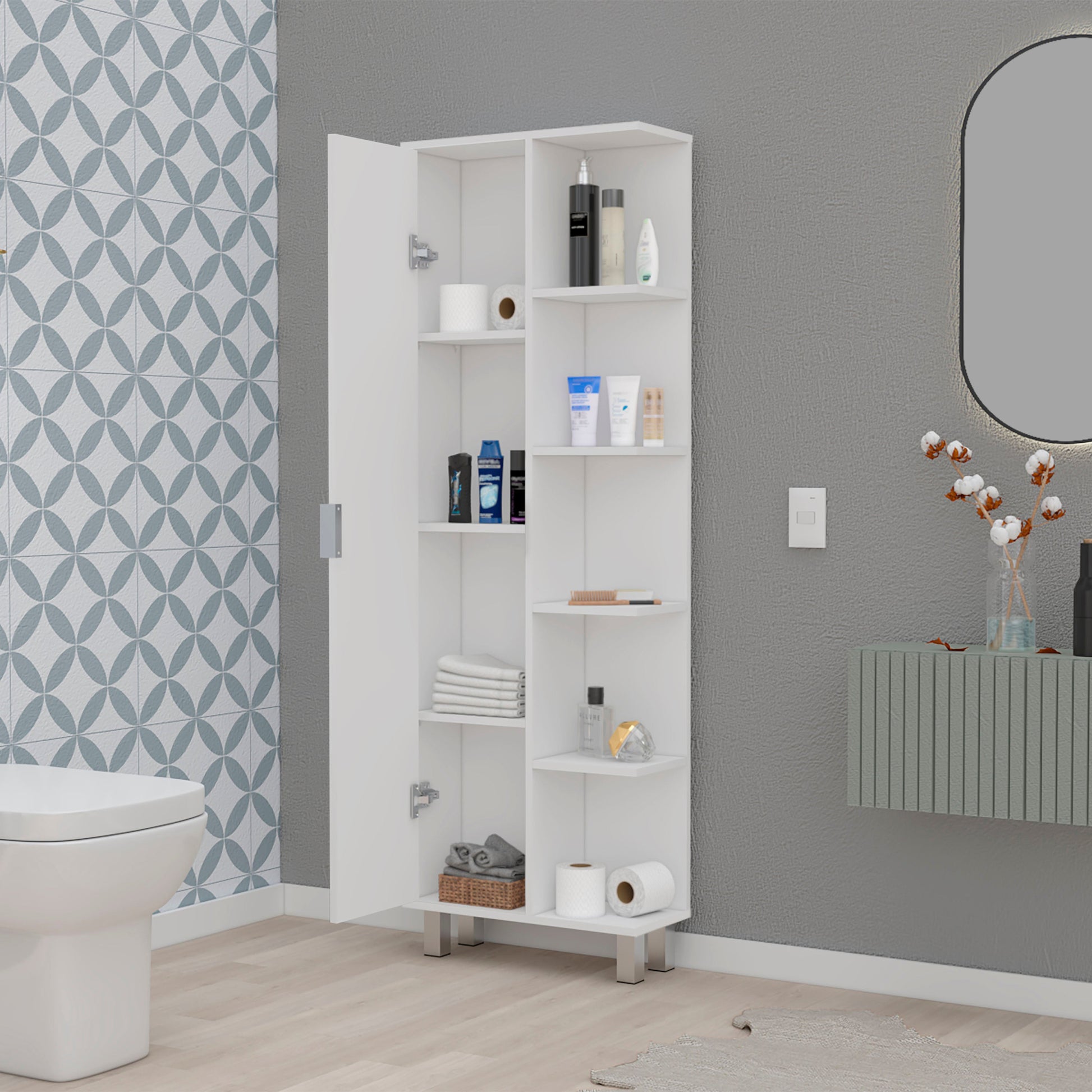 White 1 Door Linen Cabinet White 1 5 18 To 23 In 60 In & Above Bathroom Freestanding 5 10 Inches Wood