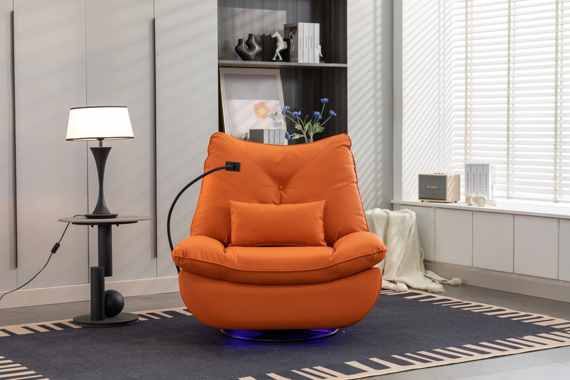 270 Swivel Glider Recliner Chair, Power Recliner Rocking Chair, Usb Port Charge For Nursery Chair With Atmosphere Lamp For Living Room Bedroom Apartment Orange Faux Leather