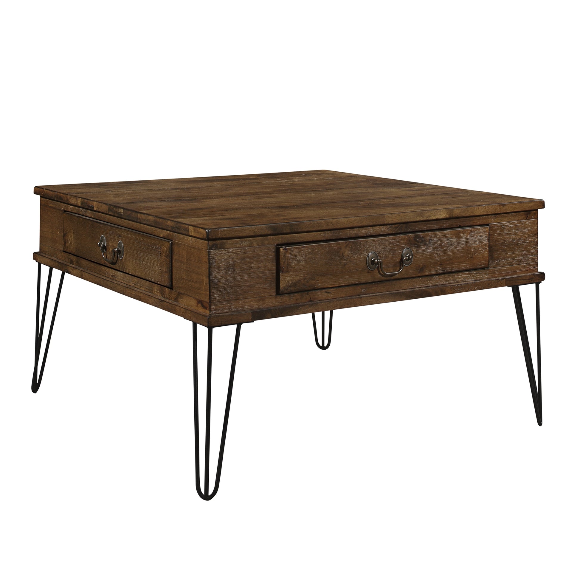 Rustic Oak And Black Finish Classic Square Cocktail Table With 2 Drawers Metal Legs Solid Wood Living Room Furniture 1Pc Coffee Table Oak Primary Living Space Classic,Rustic,Traditional Rubberwood Drawers Coffee & End Tables Square Solid Wood Hairpin