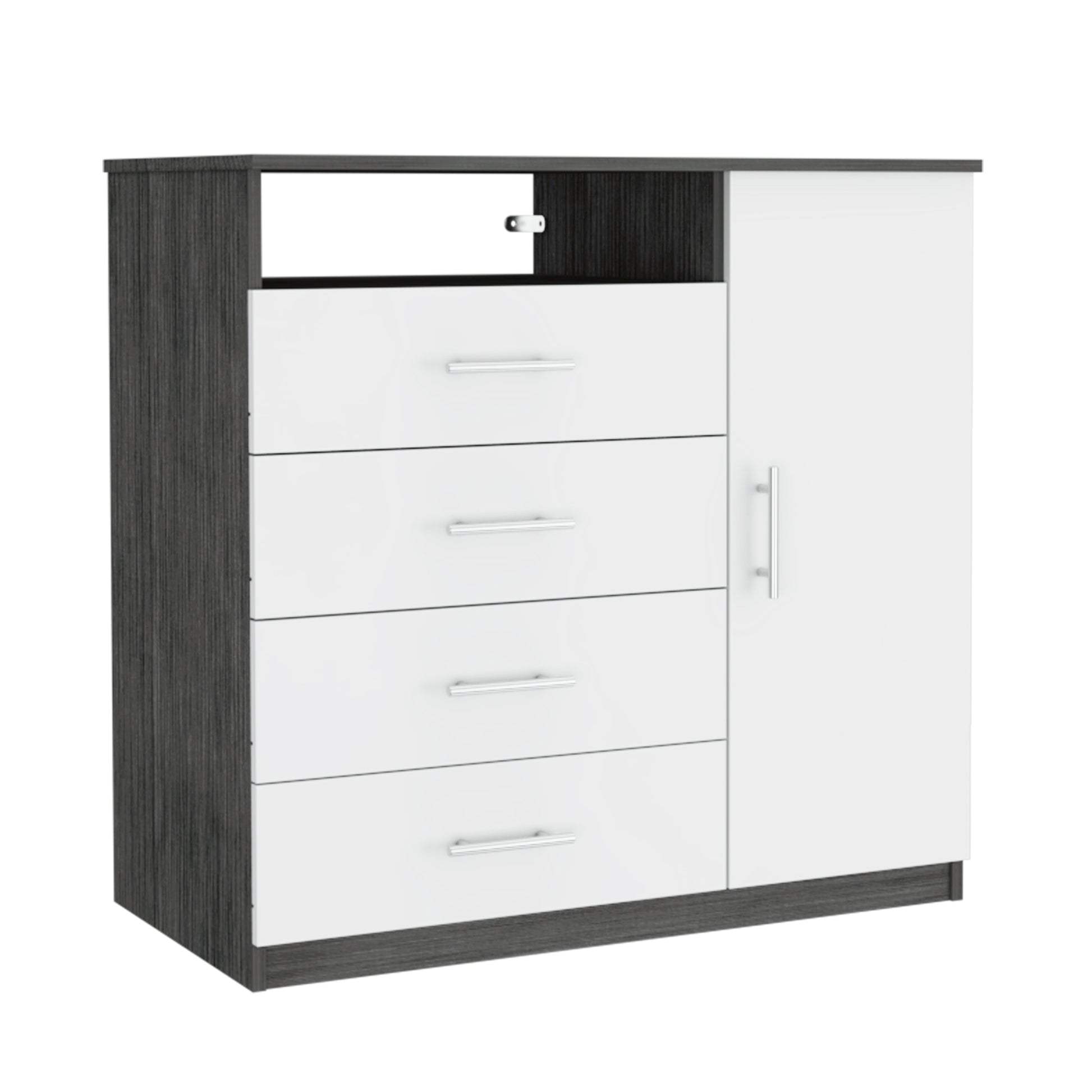 Peru 4 Drawer Dresser, Single Door Cabinet, One Open Shelf, Superior Top Smokey Oak White Multicolor Bedroom Modern Particle Board Particle Board