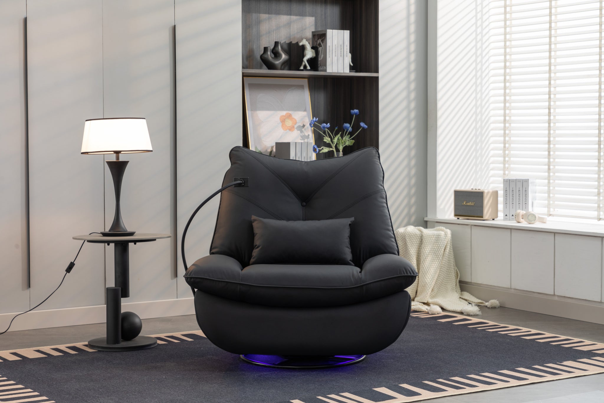 270 Swivel Glider Recliner Chair, Power Recliner Rocking Chair, Usb Port Charge For Nursery Chair With Atmosphere Lamp For Living Room Bedroom Apartment Black Faux Leather