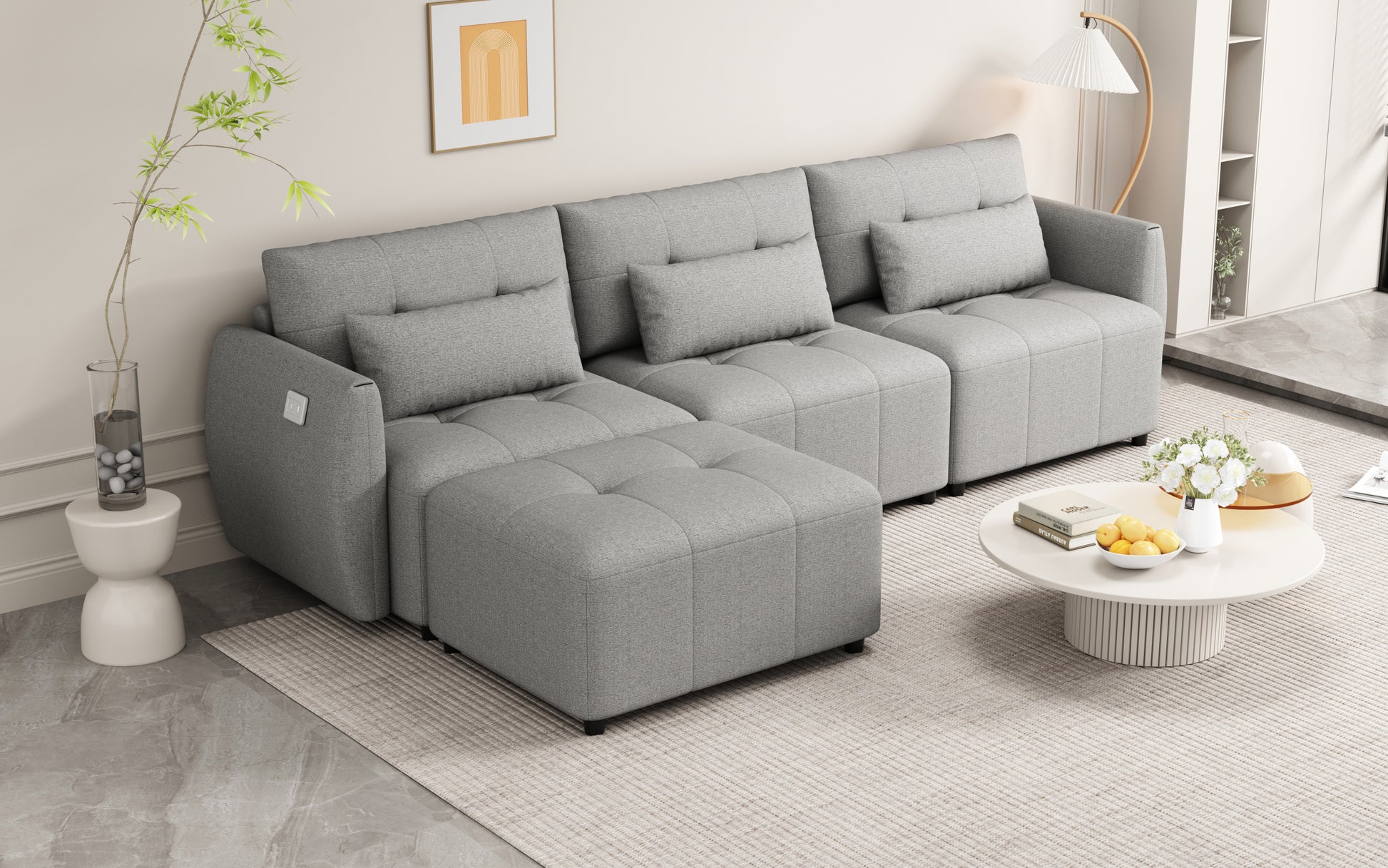 113.3" Convertible Sectional Sofa Couch 3 Seat L Shaped Sofa With Movable Ottoman And Usb For Apartment, Living Room, Bedroom, Grey Grey Chenille 3 Seat